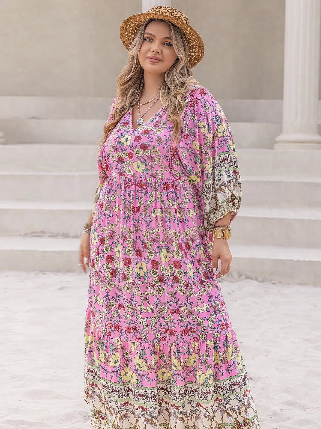Plus Size Bohemian Floral Print Long Sleeve Midi Dress - MAD RUFFI