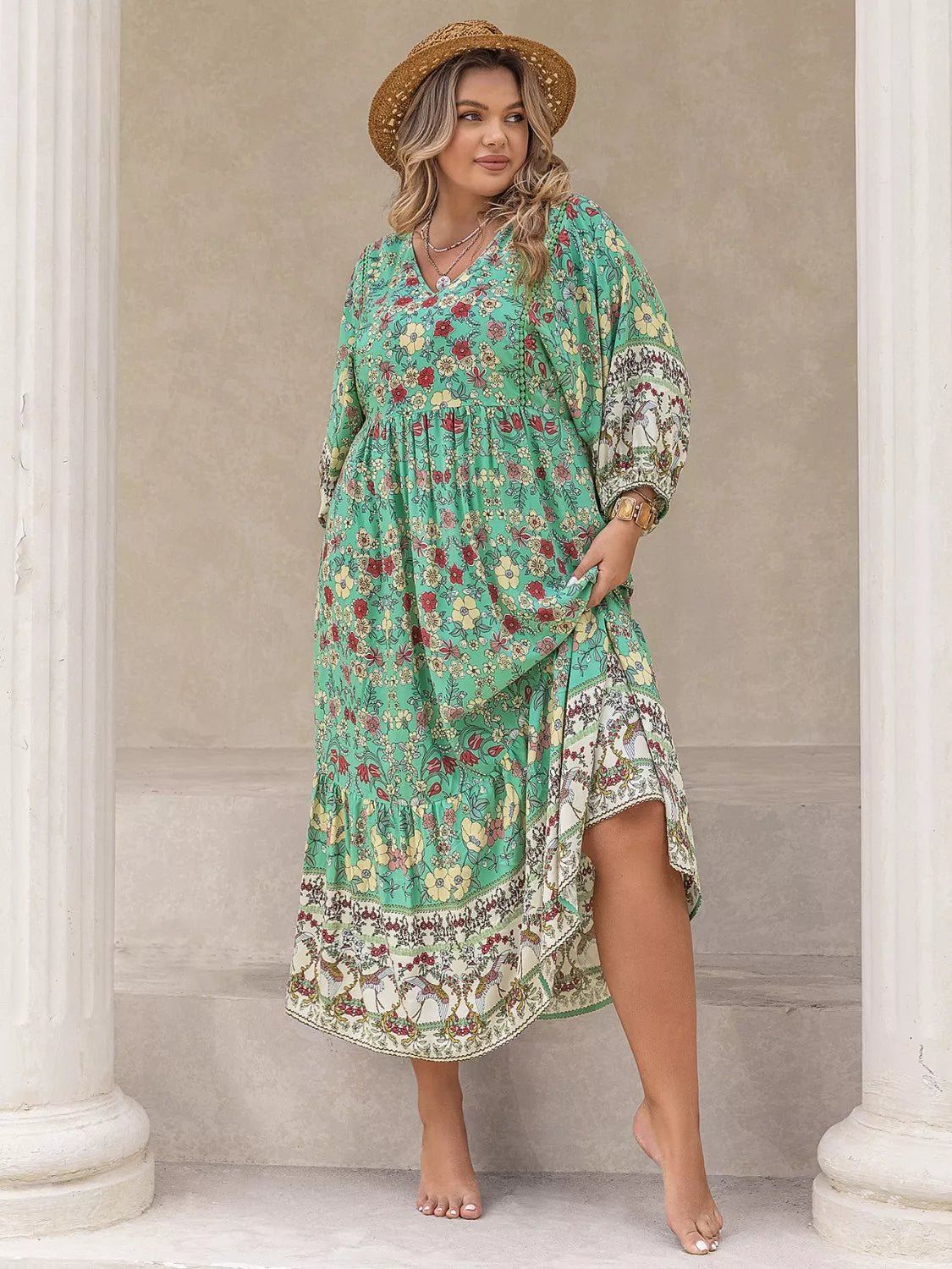 Plus Size Bohemian Floral Print Long Sleeve Midi Dress - MAD RUFFI