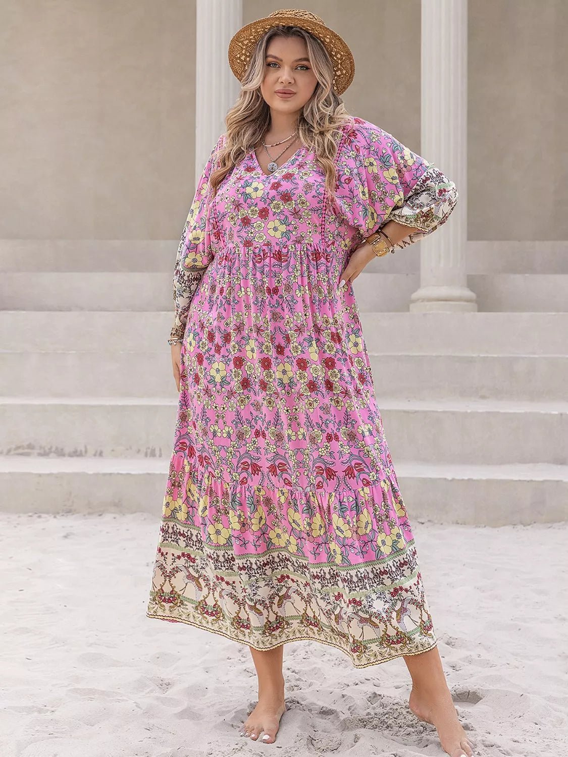 Plus Size Bohemian Floral Print Long Sleeve Midi Dress - MAD RUFFI