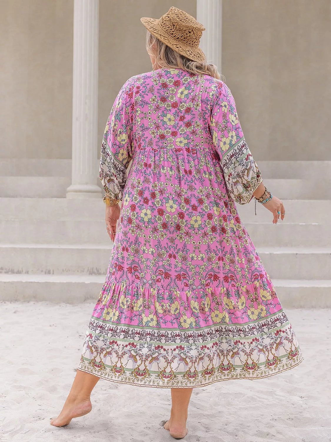 Plus Size Bohemian Floral Print Long Sleeve Midi Dress - MAD RUFFI