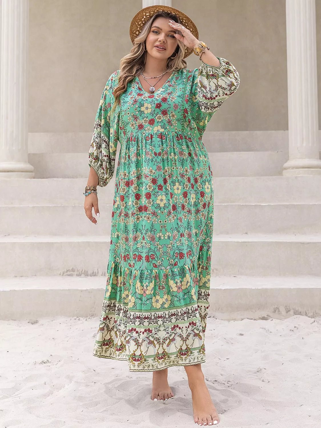 Plus Size Bohemian Floral Print Long Sleeve Midi Dress - MAD RUFFI