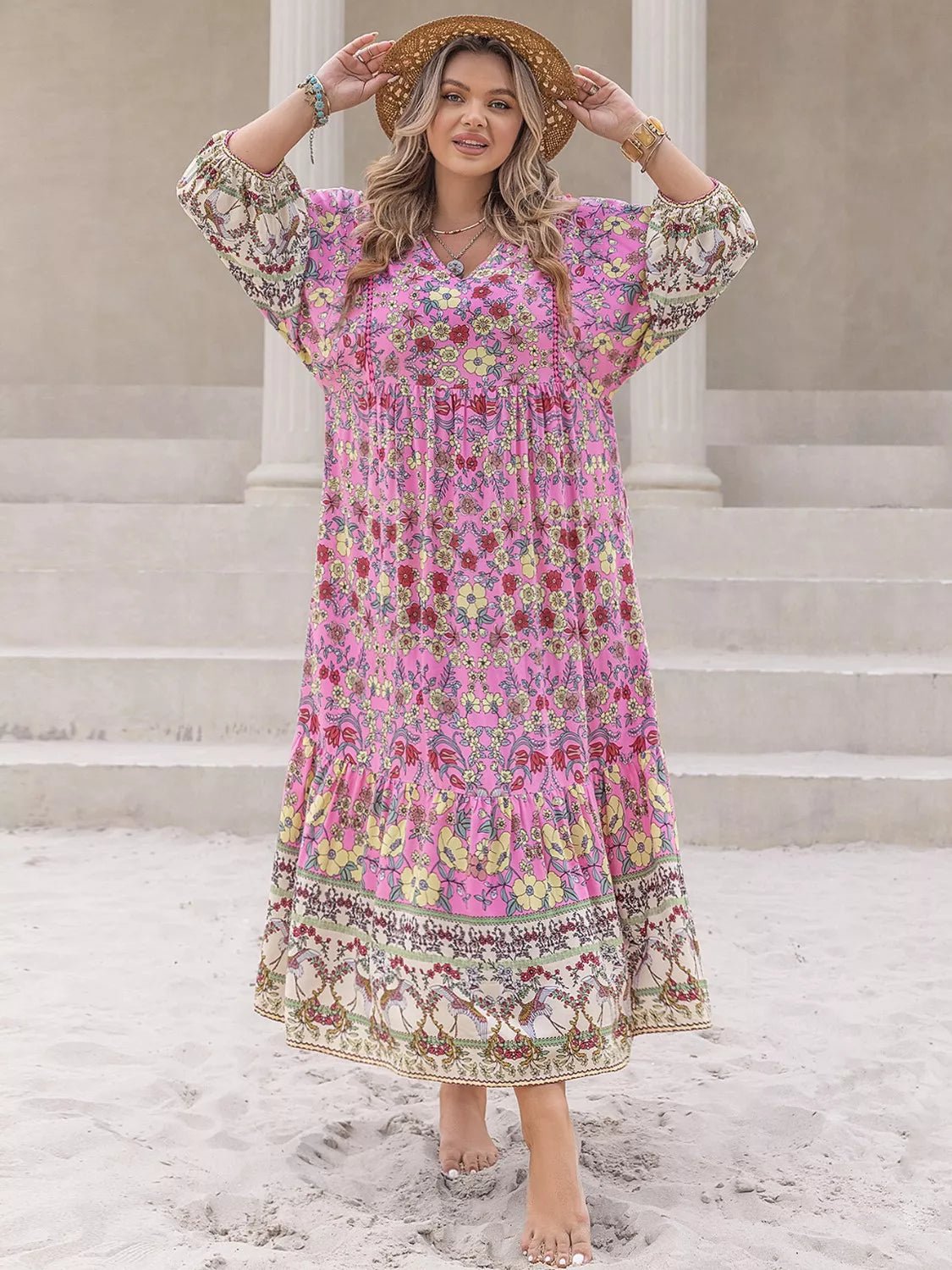 Plus Size Bohemian Floral Print Long Sleeve Midi Dress - MAD RUFFI