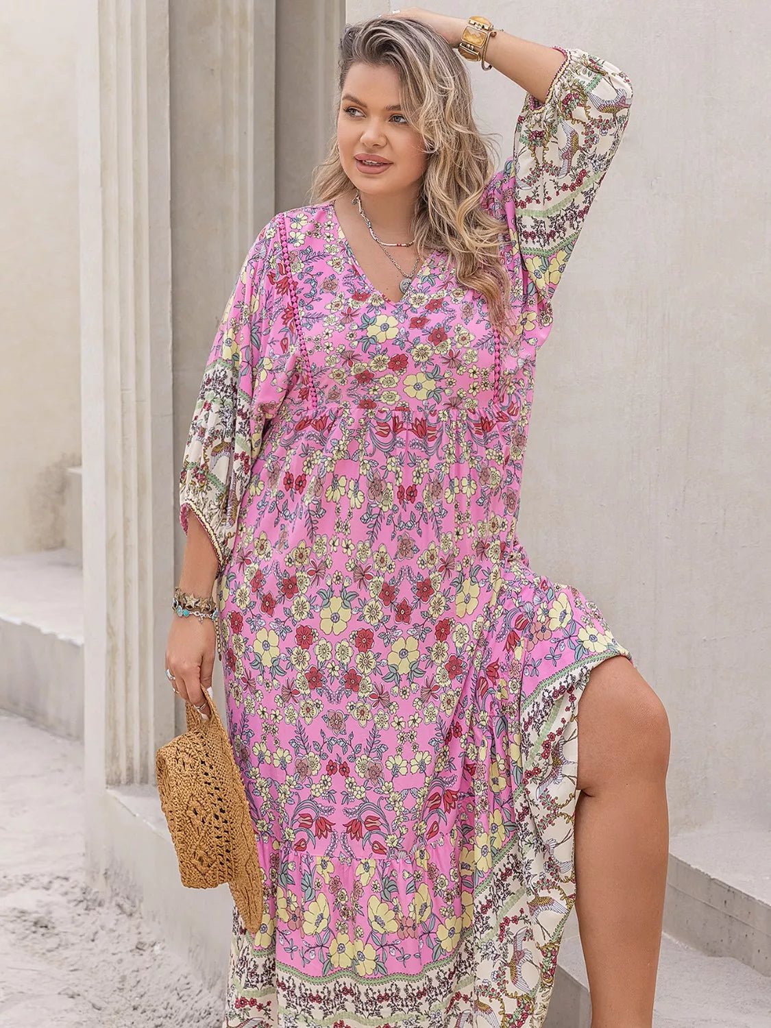 Plus Size Bohemian Floral Print Long Sleeve Midi Dress - MAD RUFFI