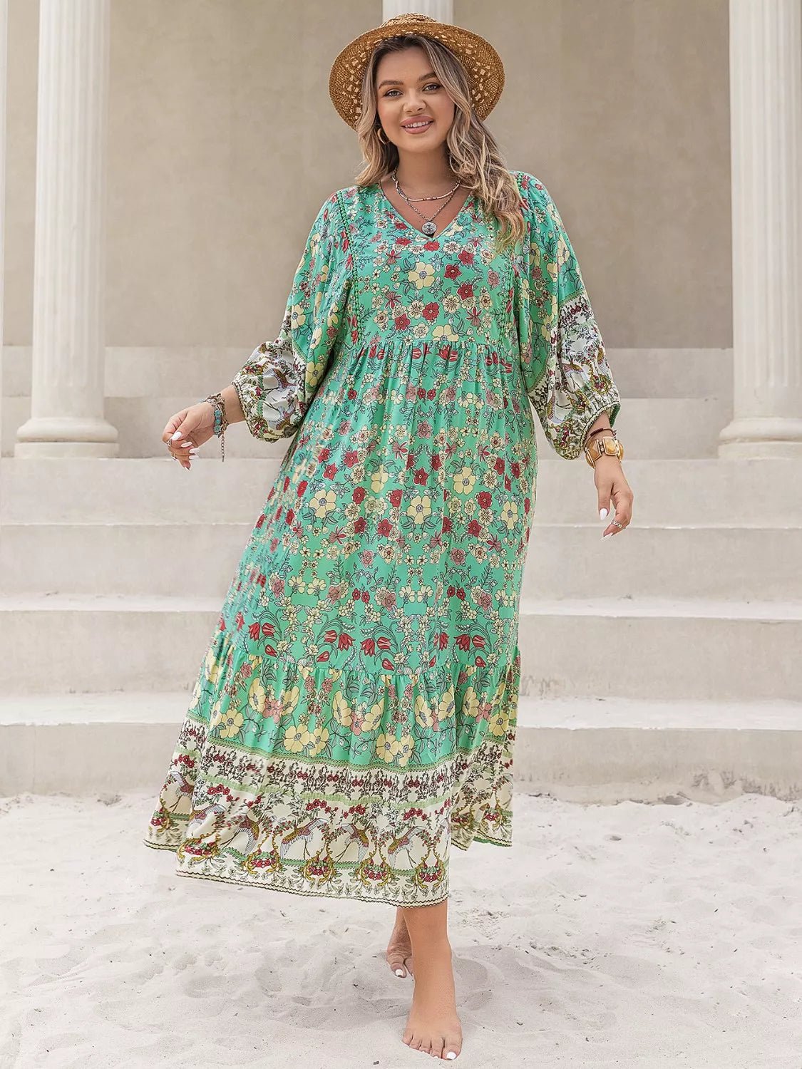 Plus Size Bohemian Floral Print Long Sleeve Midi Dress - MAD RUFFI