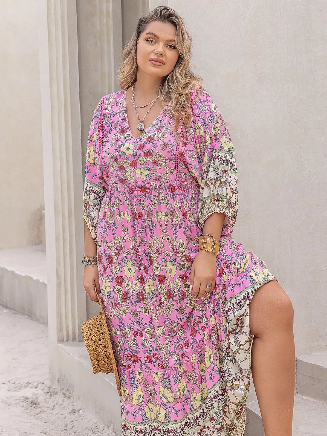 Plus Size Bohemian Floral Print Long Sleeve Midi Dress - MAD RUFFI