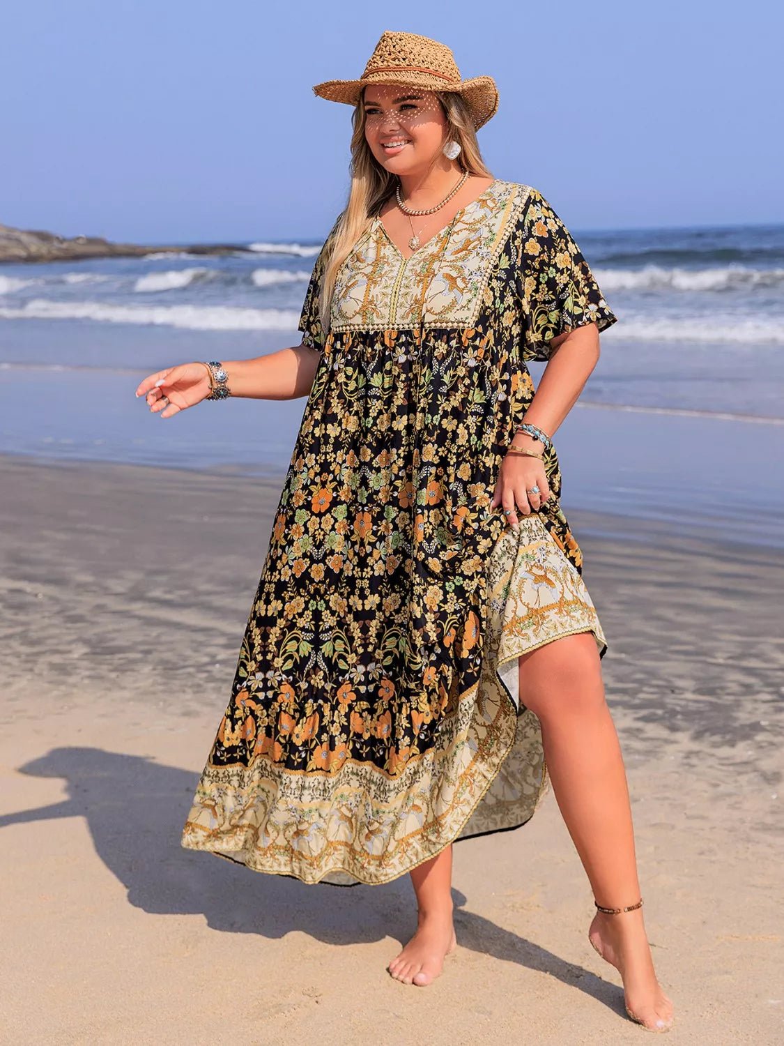 Plus Size Bohemian Floral Tiered Maxi Dress - MAD RUFFI