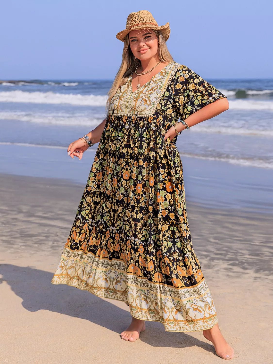 Plus Size Bohemian Floral Tiered Maxi Dress - MAD RUFFI