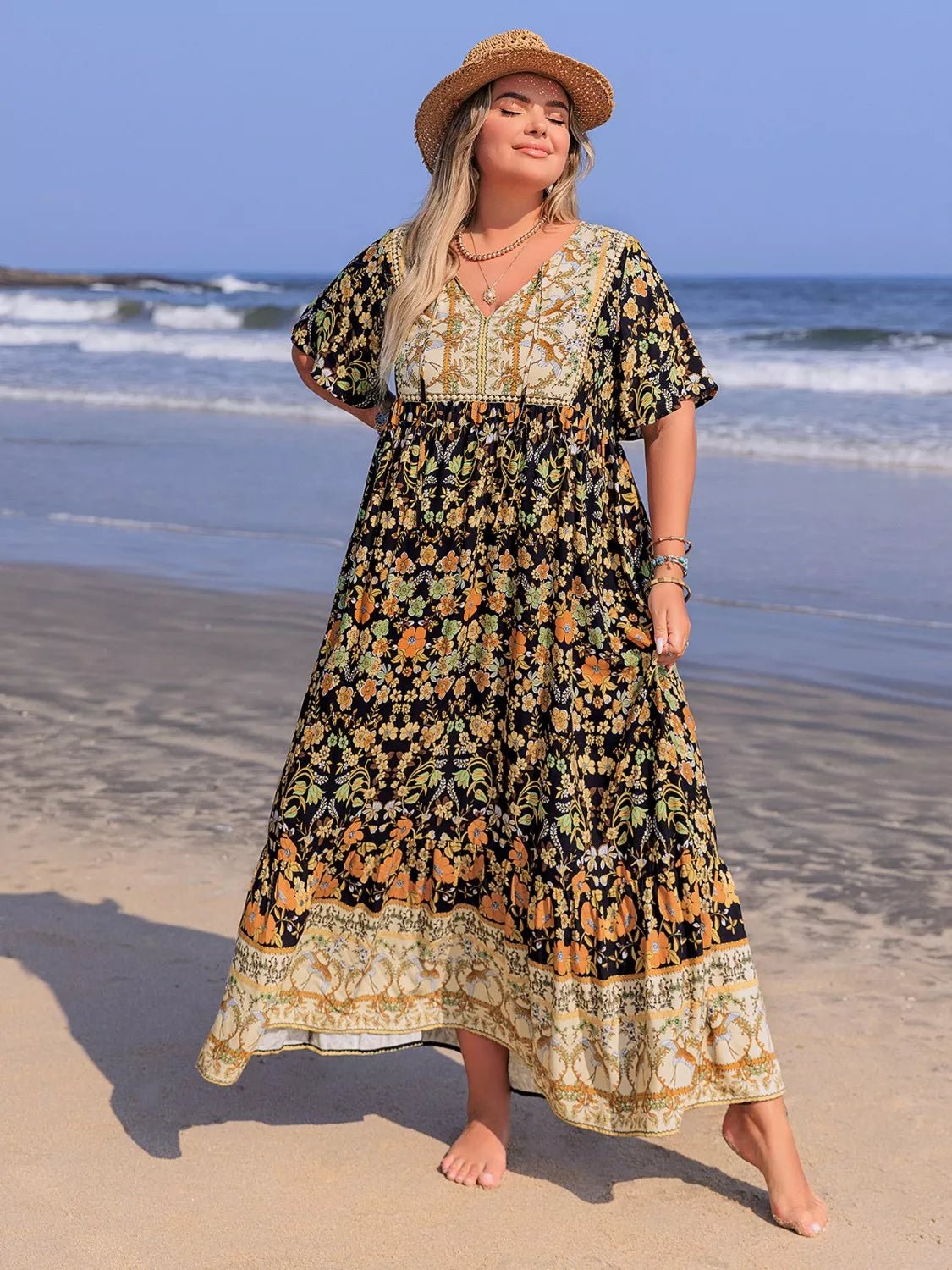 Plus Size Bohemian Floral Tiered Maxi Dress - MAD RUFFI