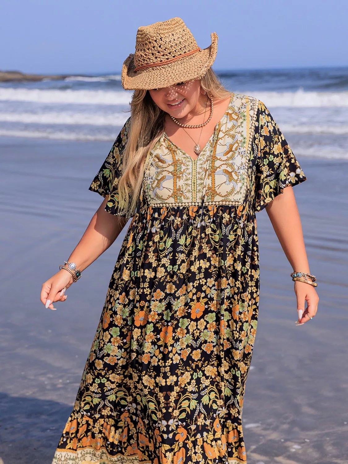 Plus Size Bohemian Floral Tiered Maxi Dress - MAD RUFFI