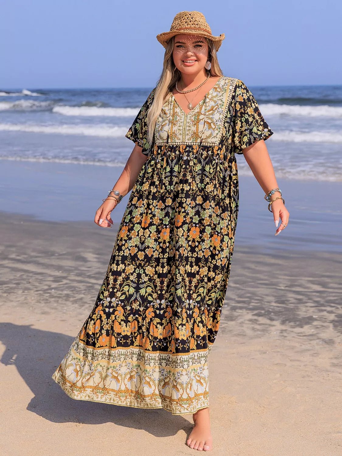 Plus Size Bohemian Floral Tiered Maxi Dress - MAD RUFFI