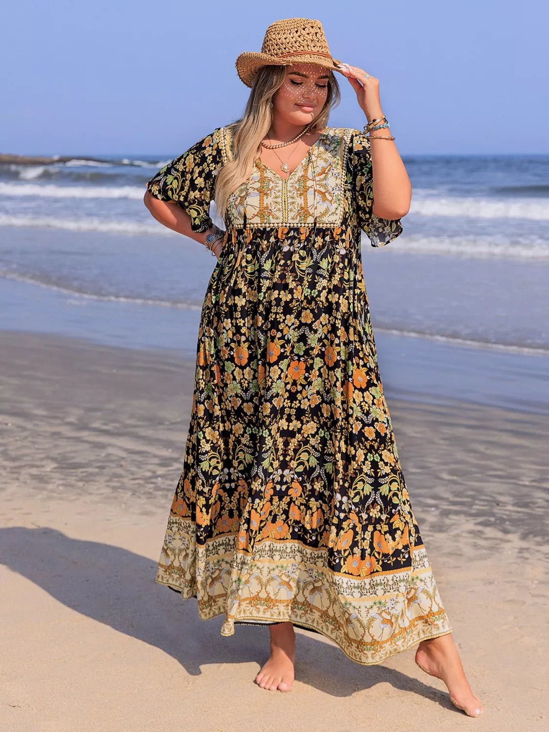 Plus Size Bohemian Floral Tiered Maxi Dress - MAD RUFFI