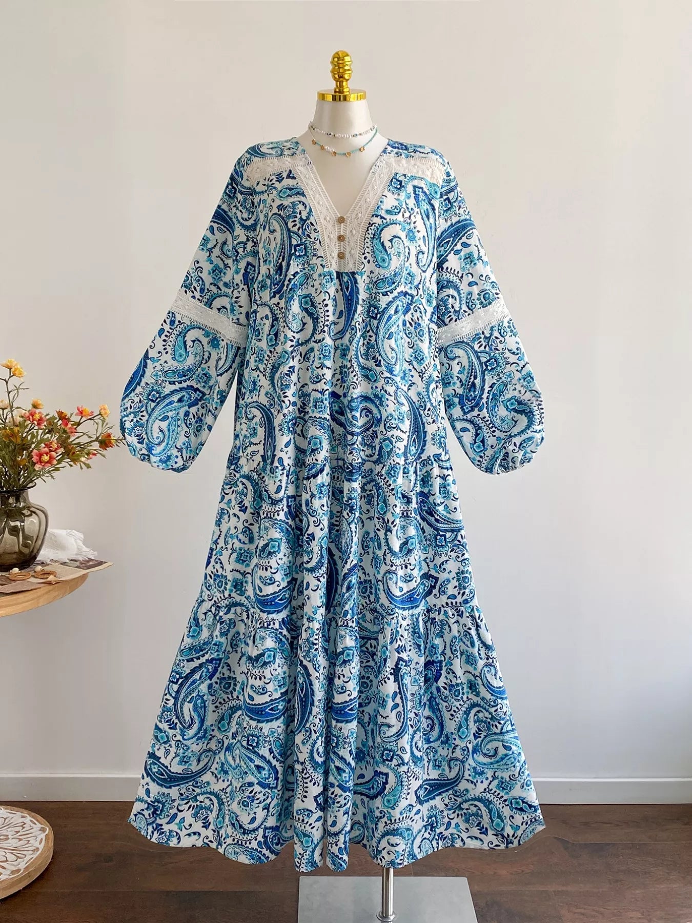 Plus Size Bohemian Paisley Print V - Neck Dress - MAD RUFFI