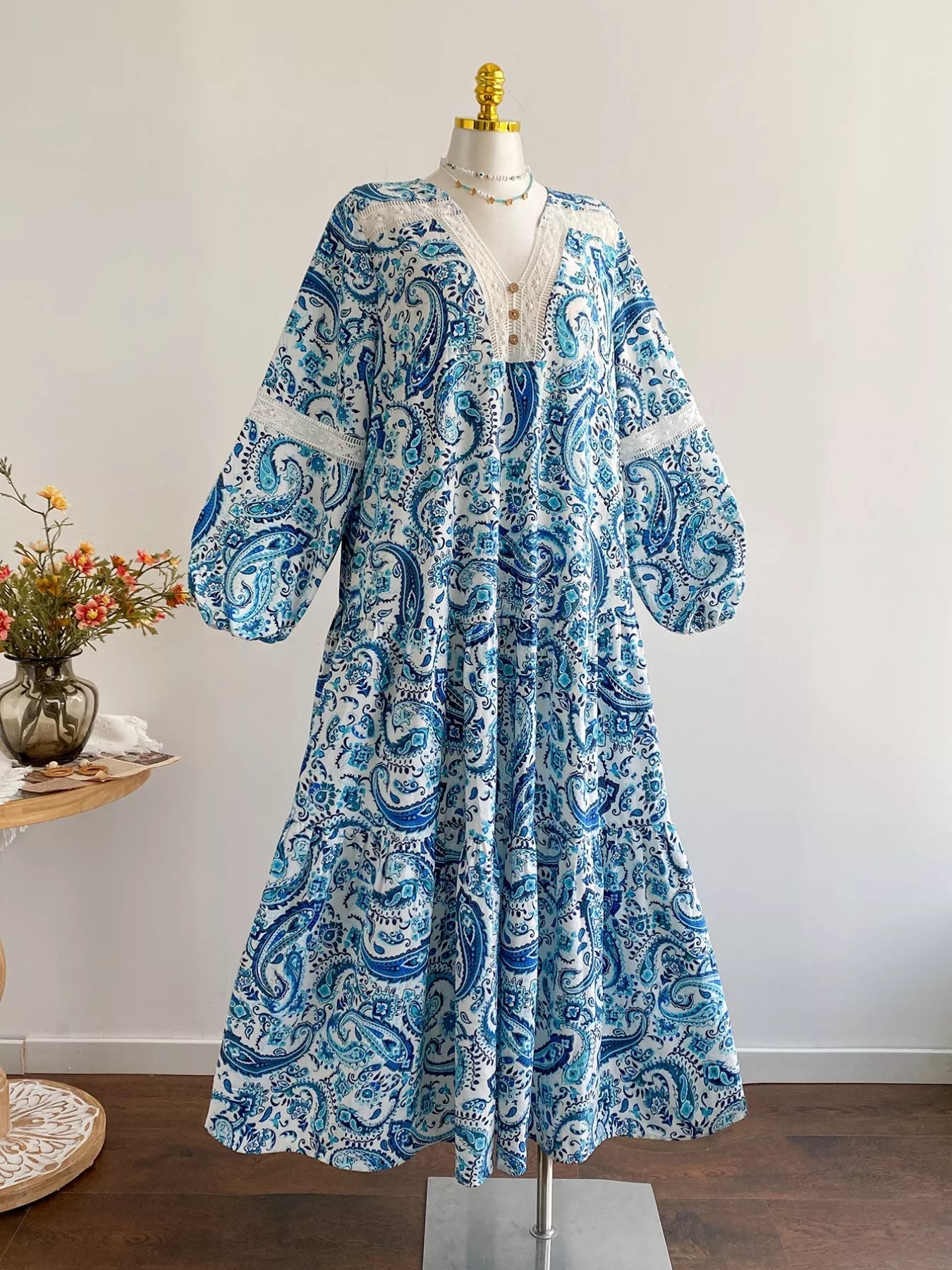 Plus Size Bohemian Paisley Print V - Neck Dress - MAD RUFFI