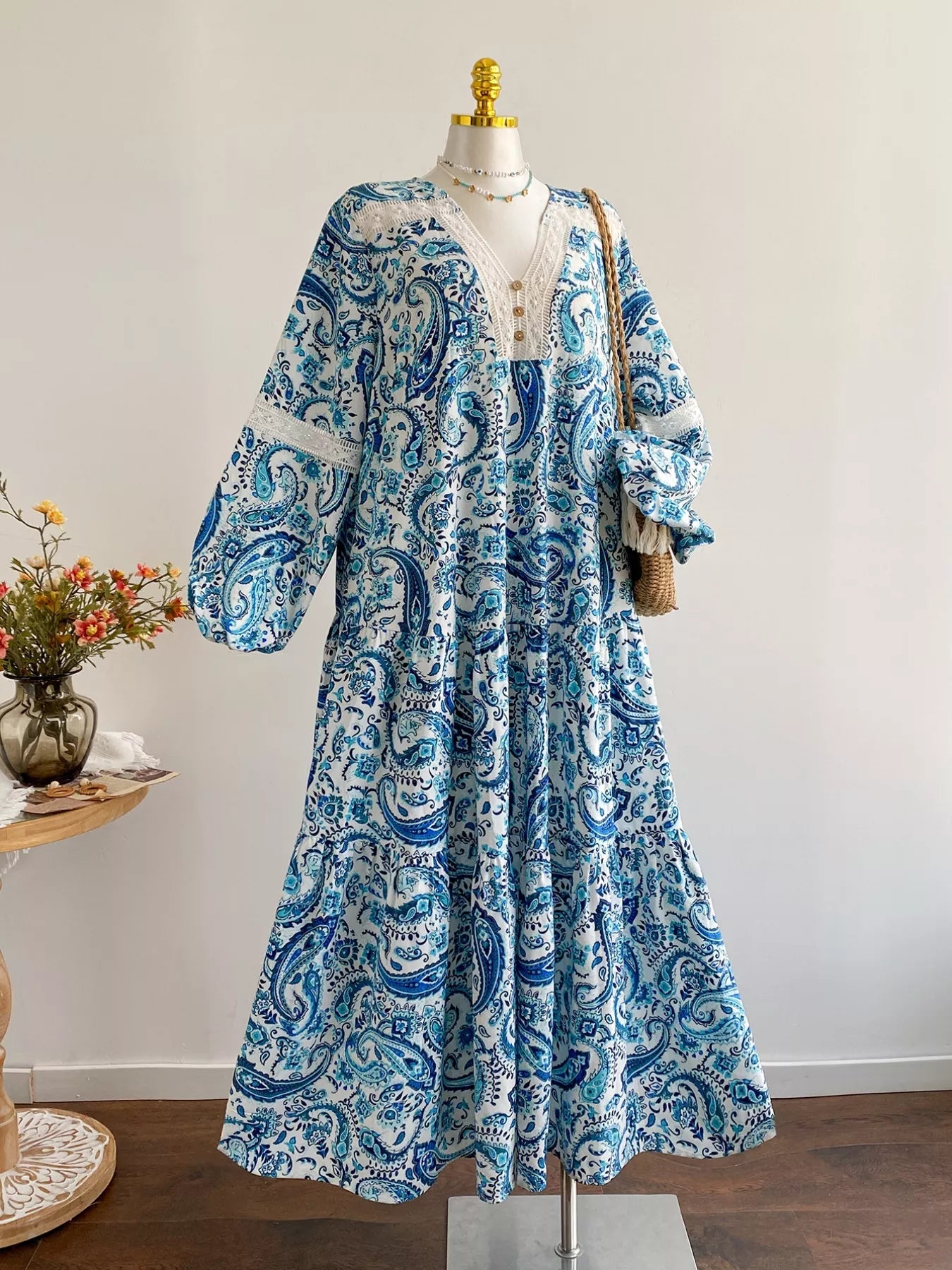 Plus Size Bohemian Paisley Print V - Neck Dress - MAD RUFFI