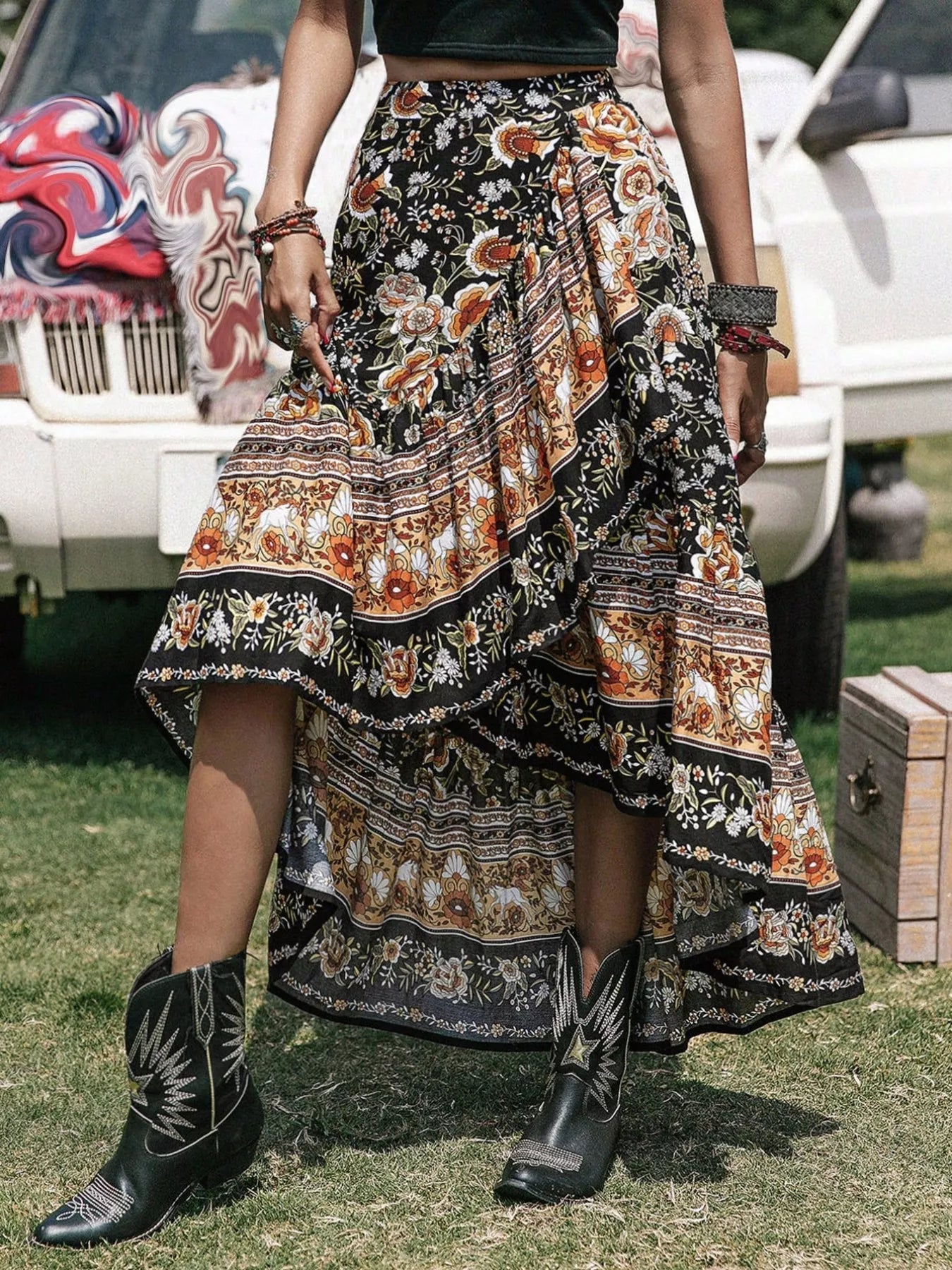 Plus Size Boho Floral Print High - Low Skirt - MAD RUFFI