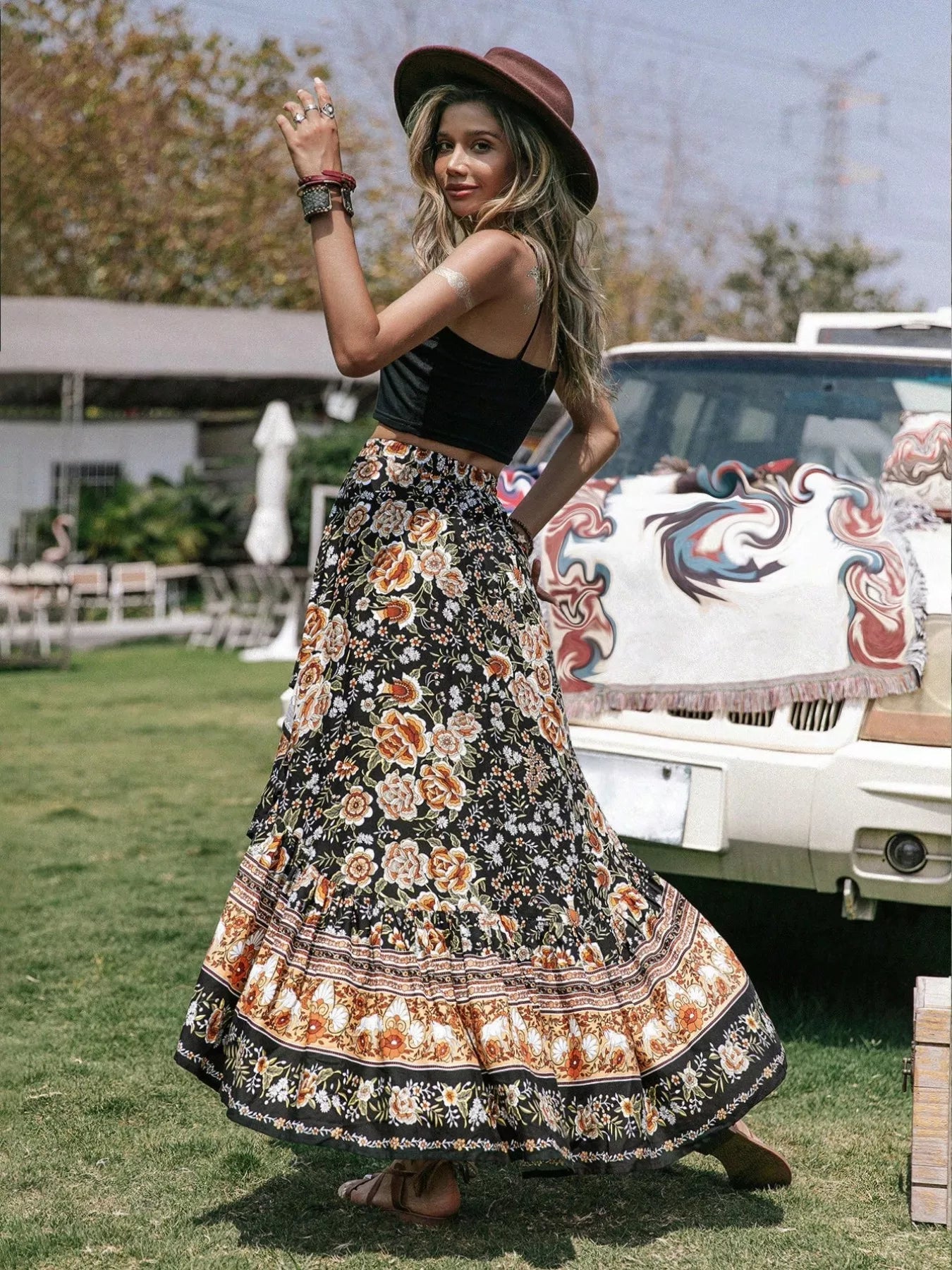 Plus Size Boho Floral Print High - Low Skirt - MAD RUFFI