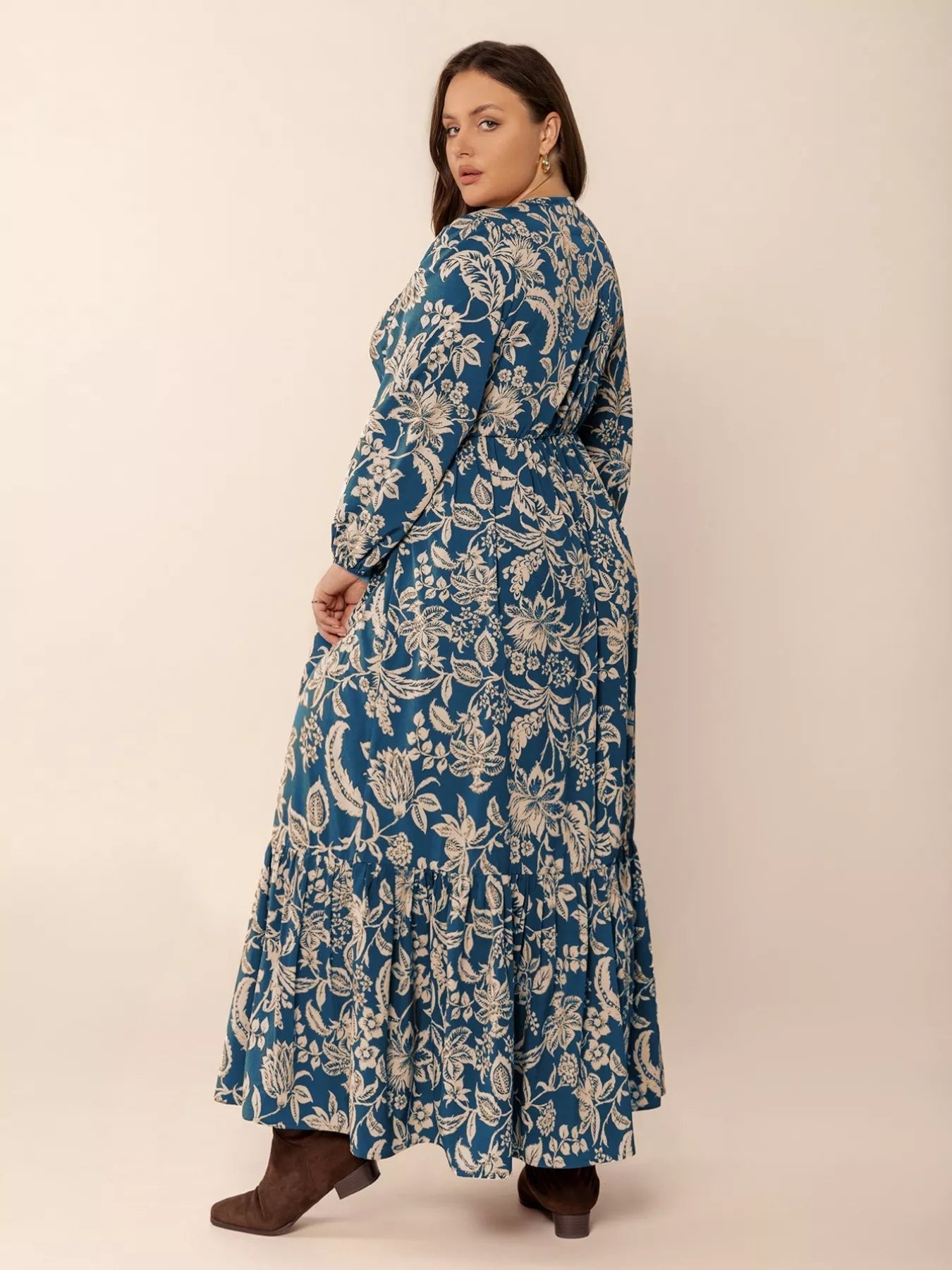 Plus Size Boho Floral Print Long Sleeve Maxi Dress - MAD RUFFI