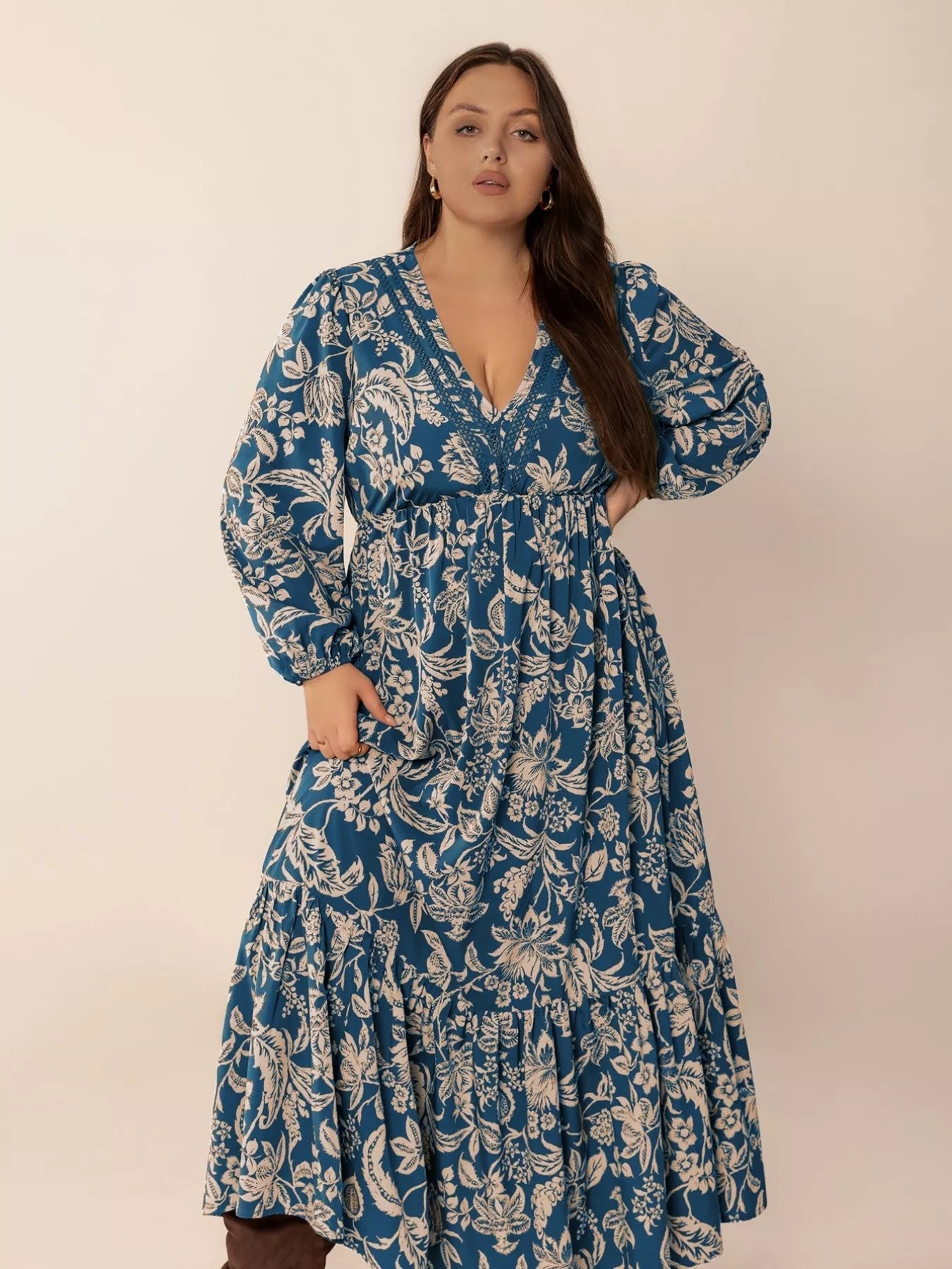 Plus Size Boho Floral Print Long Sleeve Maxi Dress - MAD RUFFI