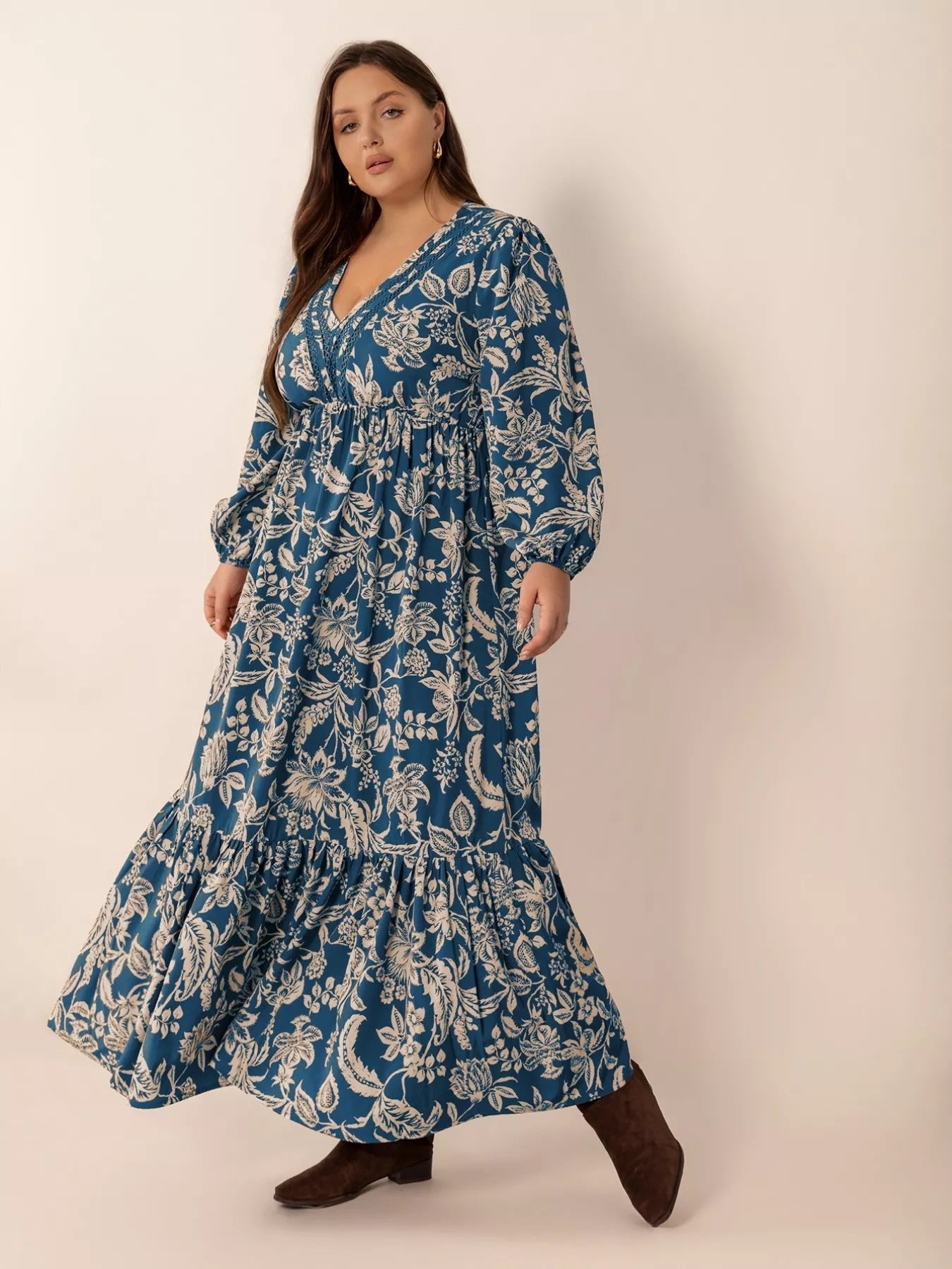 Plus Size Boho Floral Print Long Sleeve Maxi Dress - MAD RUFFI