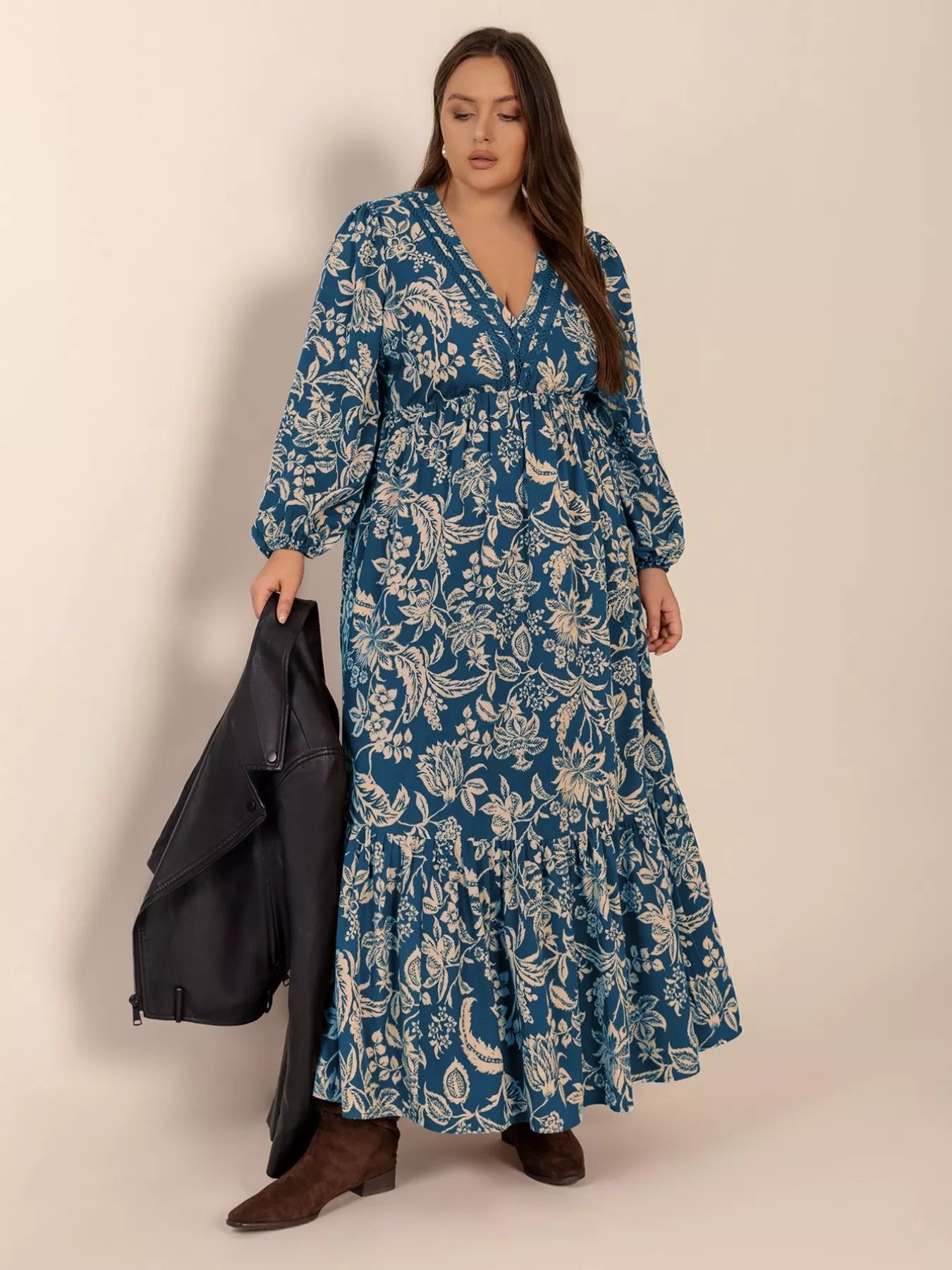 Plus Size Boho Floral Print Long Sleeve Maxi Dress - MAD RUFFI