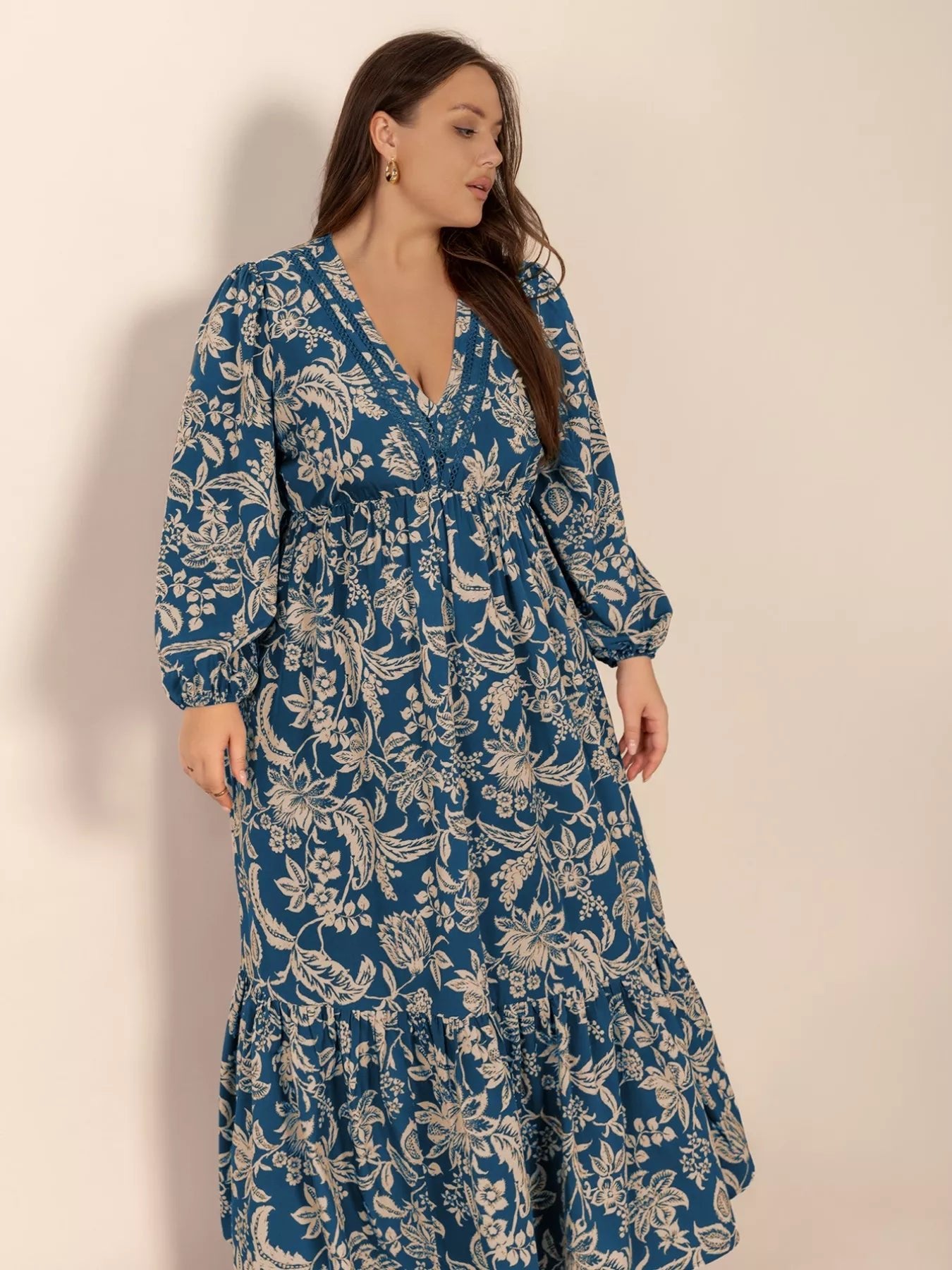 Plus Size Boho Floral Print Long Sleeve Maxi Dress - MAD RUFFI