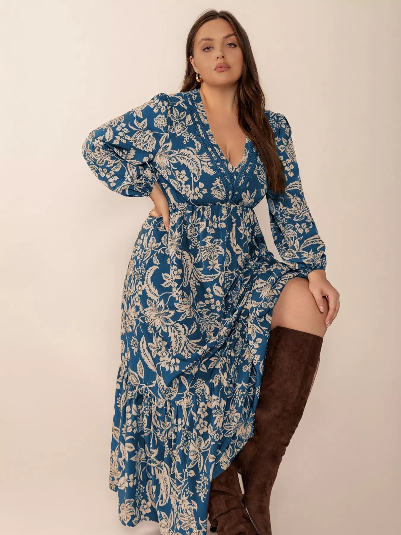 Plus Size Boho Floral Print Long Sleeve Maxi Dress - MAD RUFFI