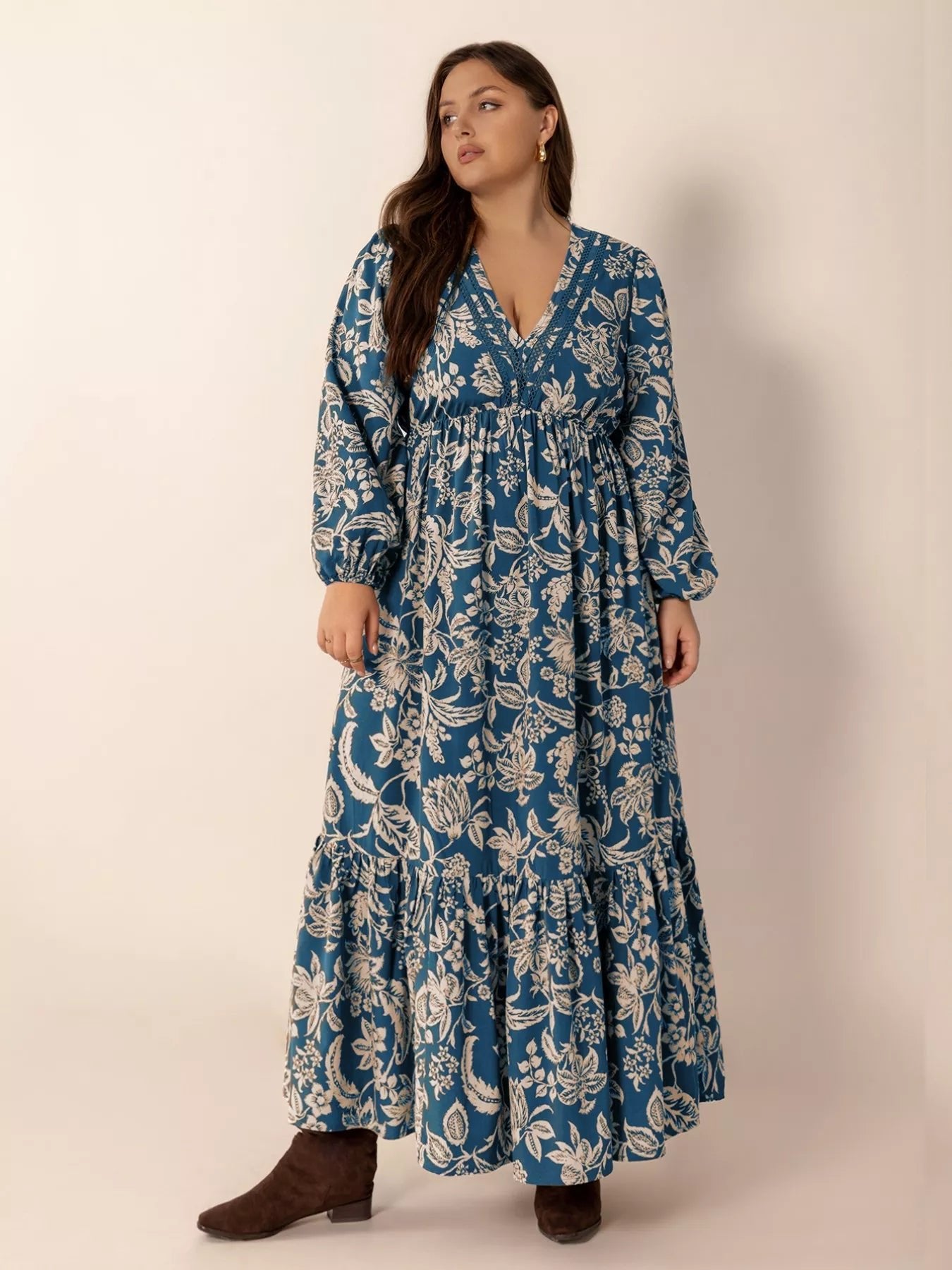 Plus Size Boho Floral Print Long Sleeve Maxi Dress - MAD RUFFI