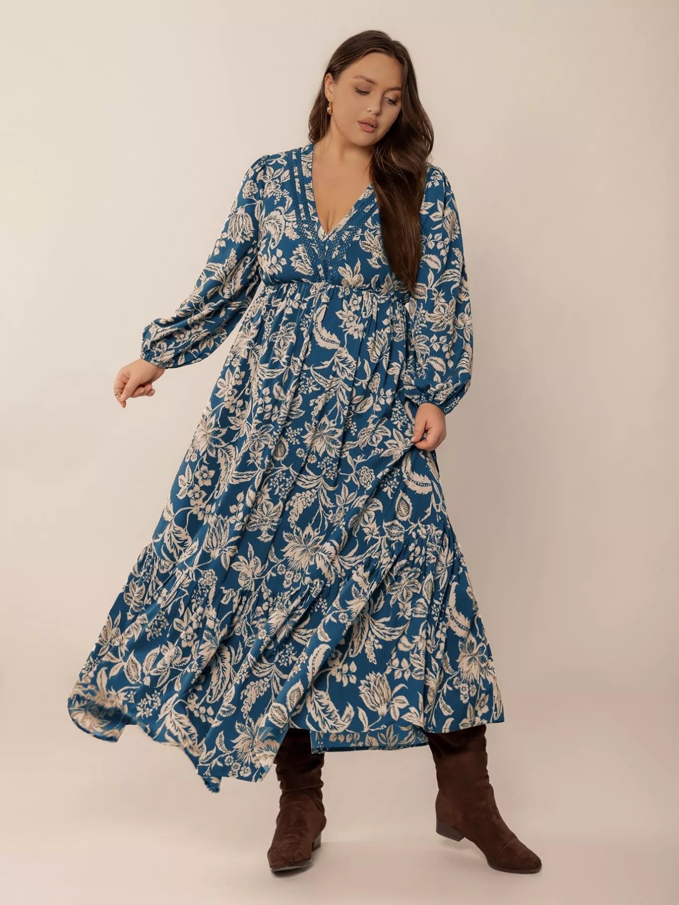 Plus Size Boho Floral Print Long Sleeve Maxi Dress - MAD RUFFI