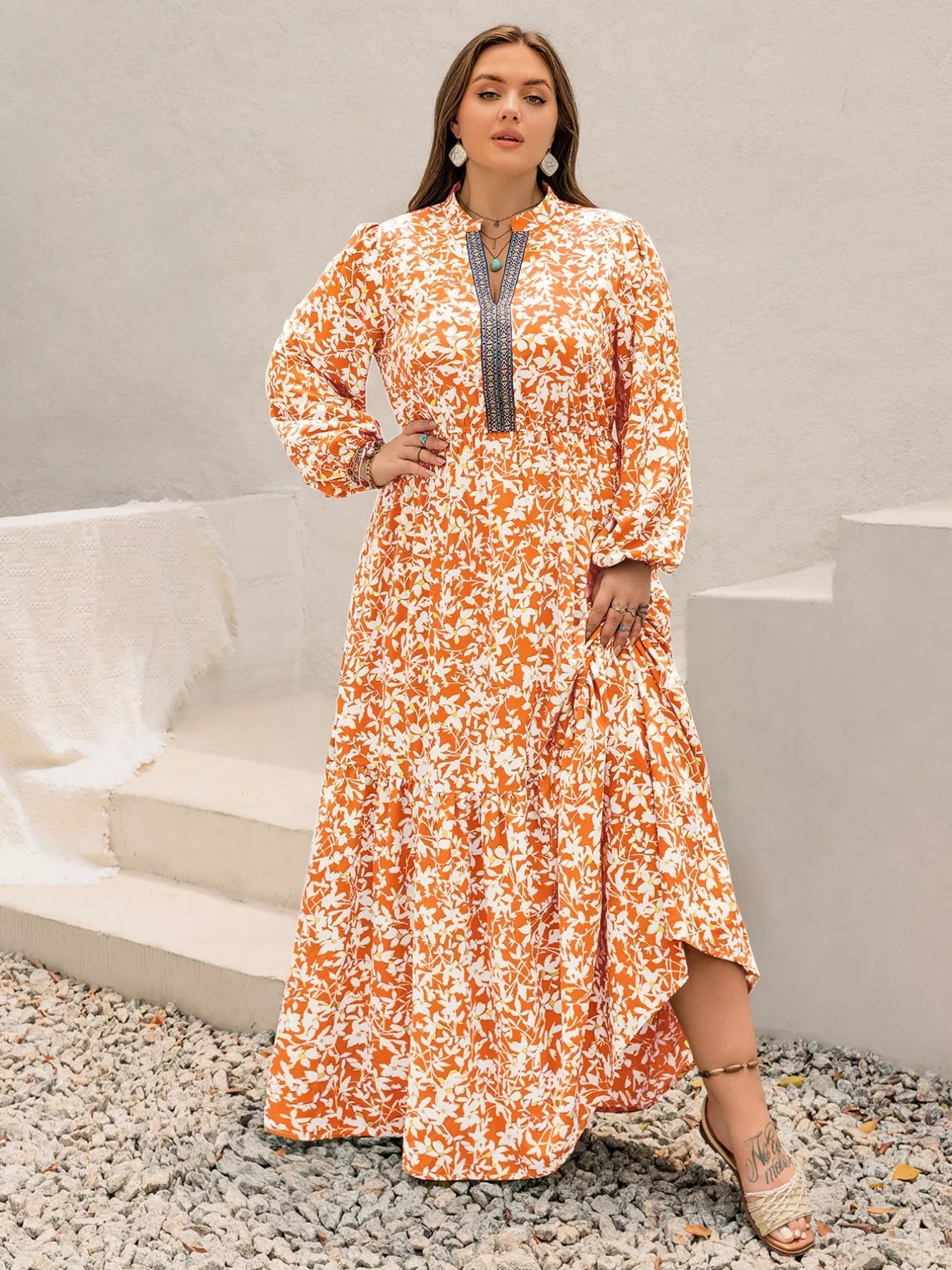 Plus Size Boho Floral Print Maxi Dress - MAD RUFFI