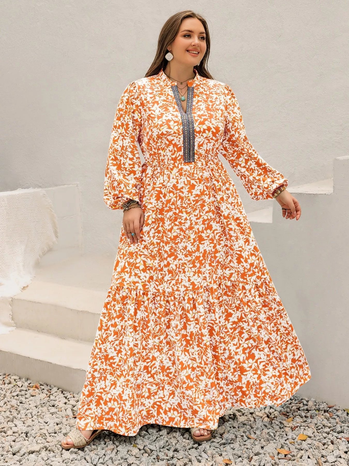 Plus Size Boho Floral Print Maxi Dress - MAD RUFFI