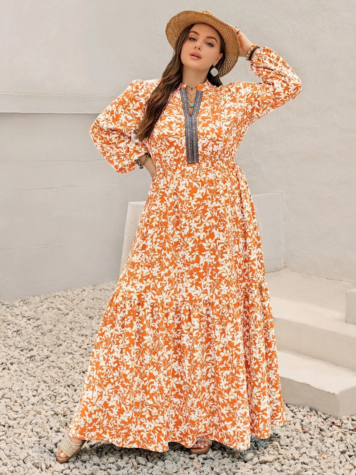 Plus Size Boho Floral Print Maxi Dress - MAD RUFFI