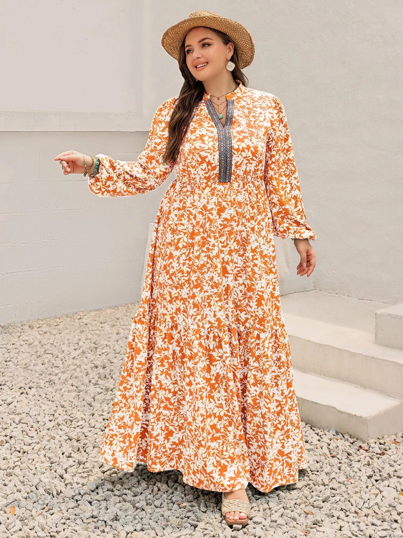 Plus Size Boho Floral Print Maxi Dress - MAD RUFFI