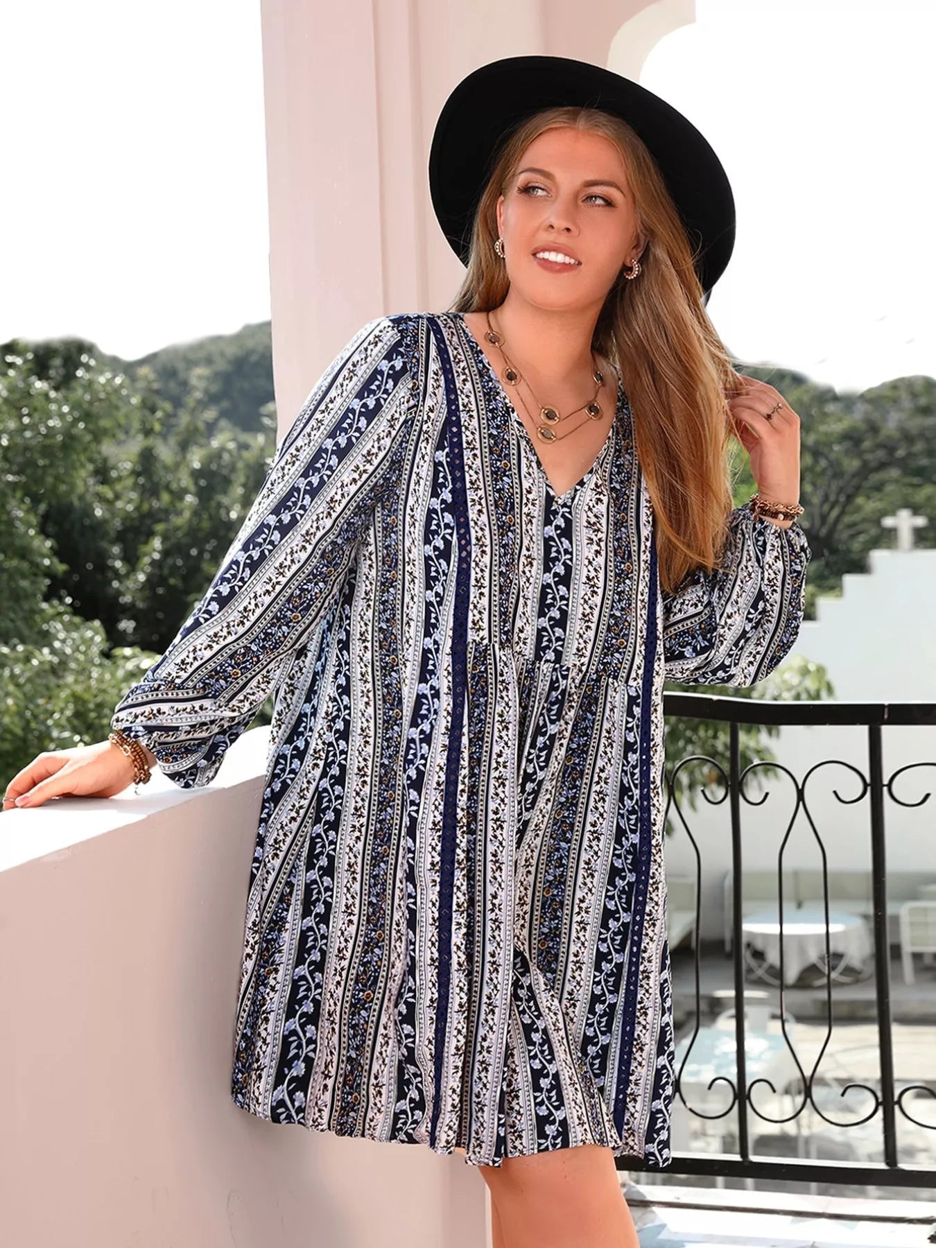 Plus Size Boho Print V - Neck Long Sleeve Mini Dress - MAD RUFFI