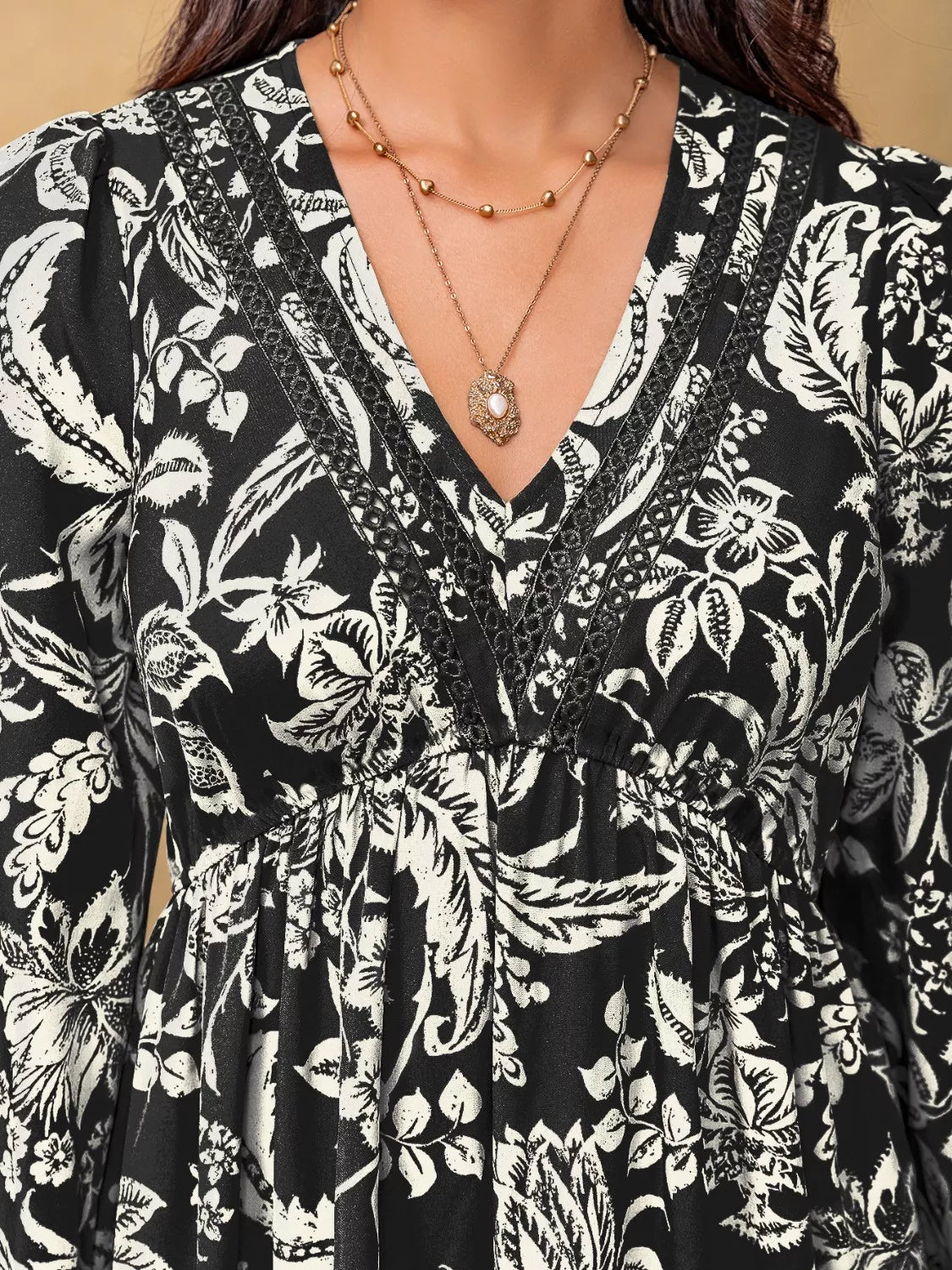 Plus Size Botanical Print Long Sleeve Midi Dress - MAD RUFFI