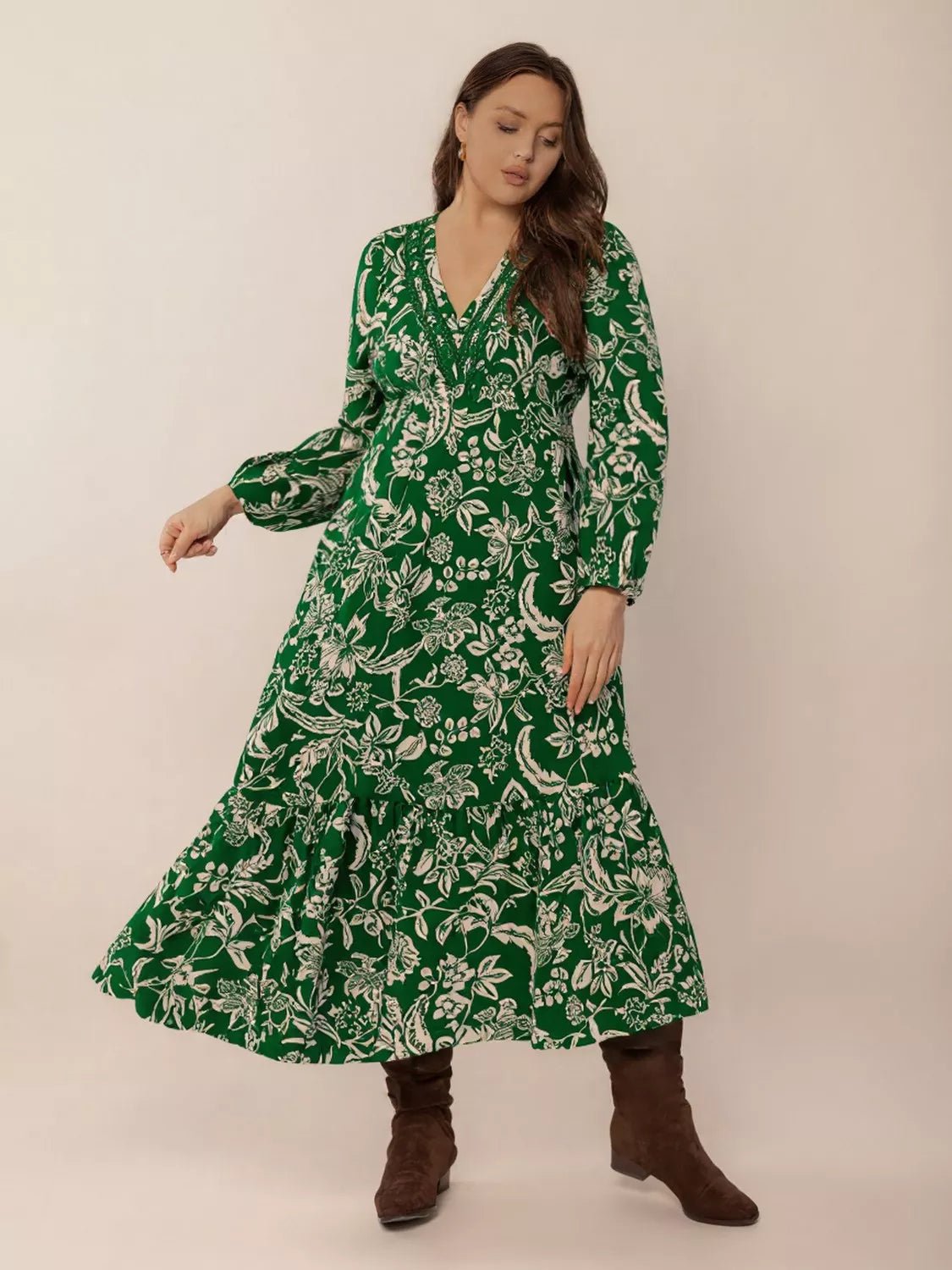 Plus Size Botanical Print Long Sleeve Midi Dress - MAD RUFFI