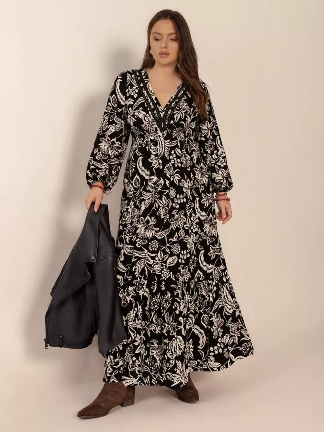 Plus Size Botanical Print Long Sleeve Midi Dress - MAD RUFFI