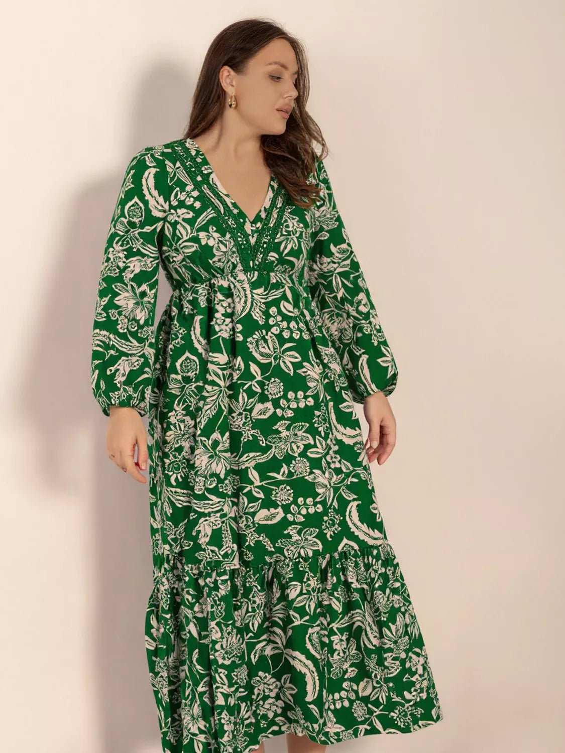 Plus Size Botanical Print Long Sleeve Midi Dress - MAD RUFFI