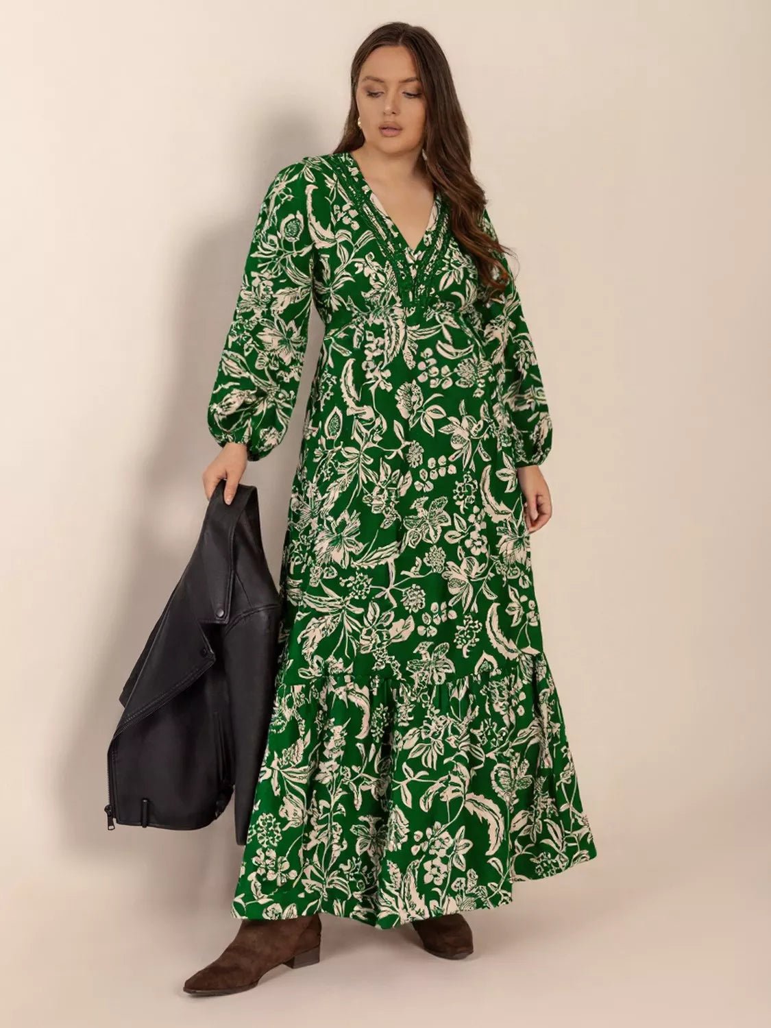 Plus Size Botanical Print Long Sleeve Midi Dress - MAD RUFFI
