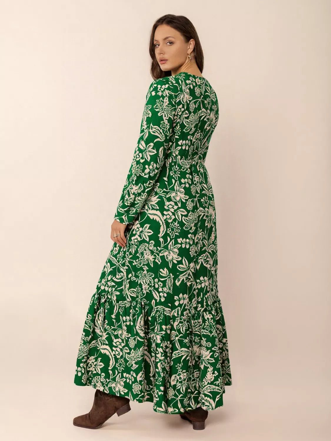 Plus Size Botanical Print Long Sleeve Midi Dress - MAD RUFFI