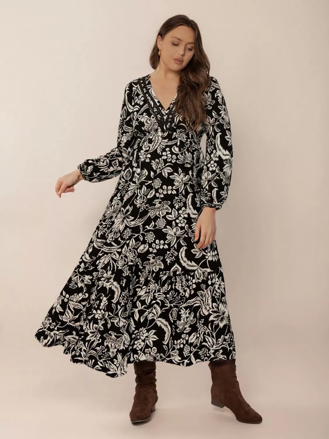 Plus Size Botanical Print Long Sleeve Midi Dress - MAD RUFFI