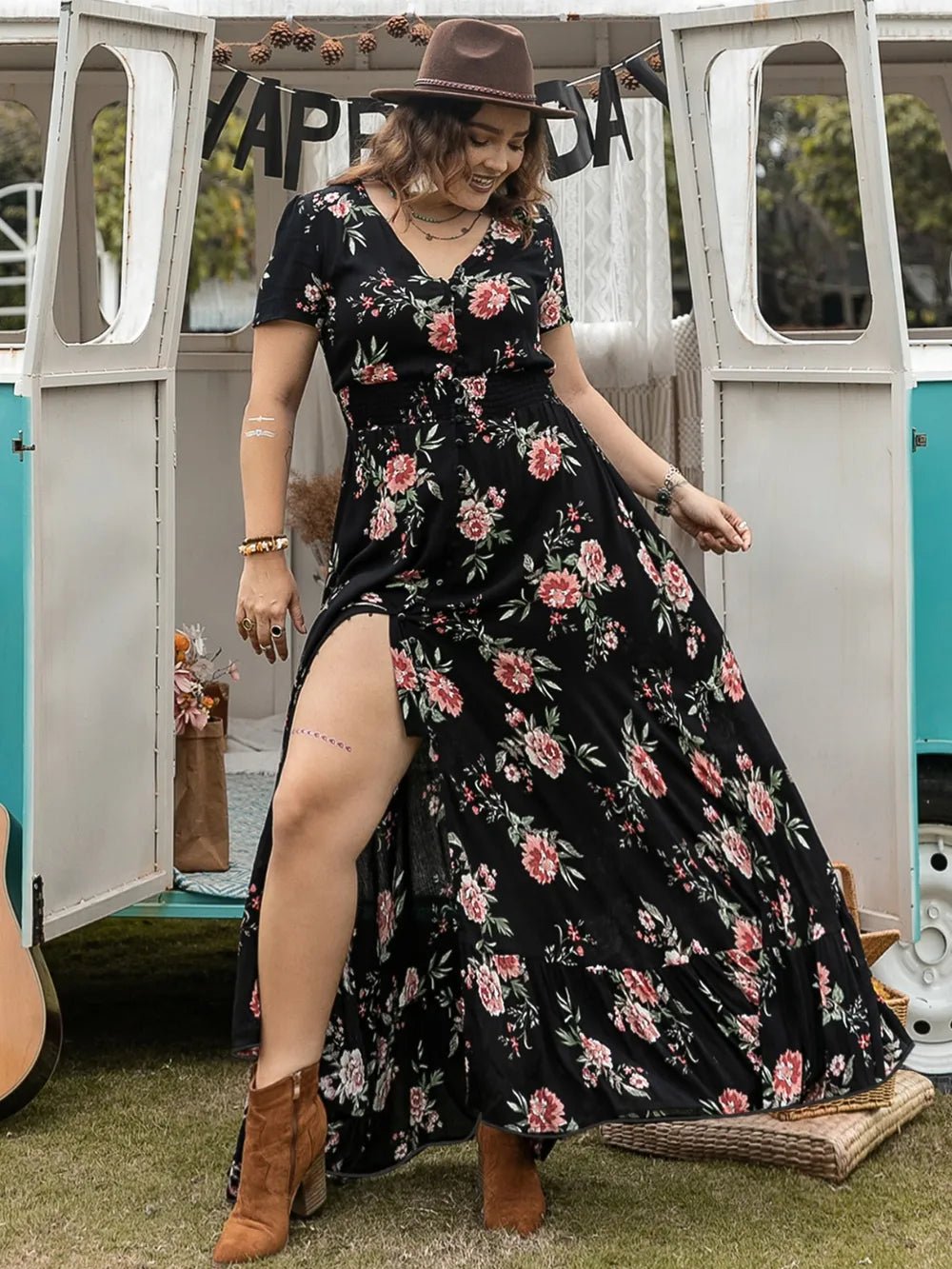 Plus Size Button Detail Printed V - Neck Short Sleeve Maxi Dress - MAD RUFFI