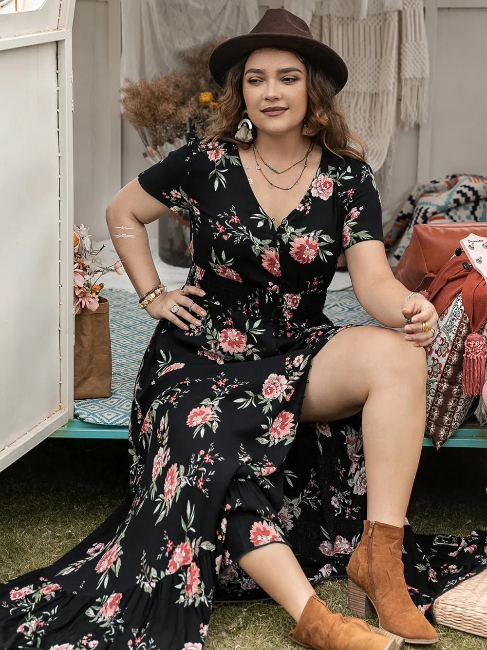 Plus Size Button Detail Printed V - Neck Short Sleeve Maxi Dress - MAD RUFFI