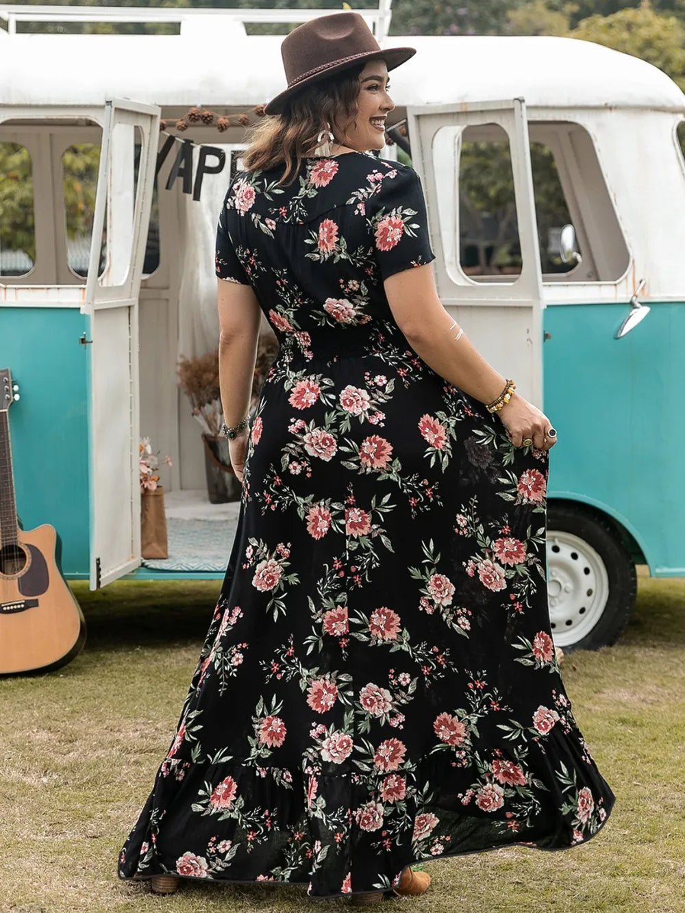 Plus Size Button Detail Printed V - Neck Short Sleeve Maxi Dress - MAD RUFFI