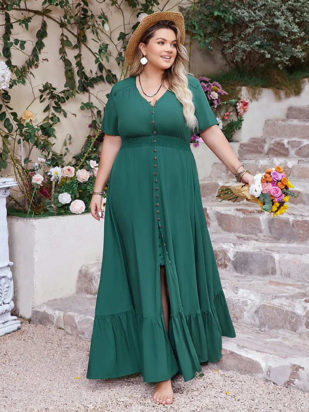 Plus Size Button Detail V - Neck Short Sleeve Maxi Dress - MAD RUFFI