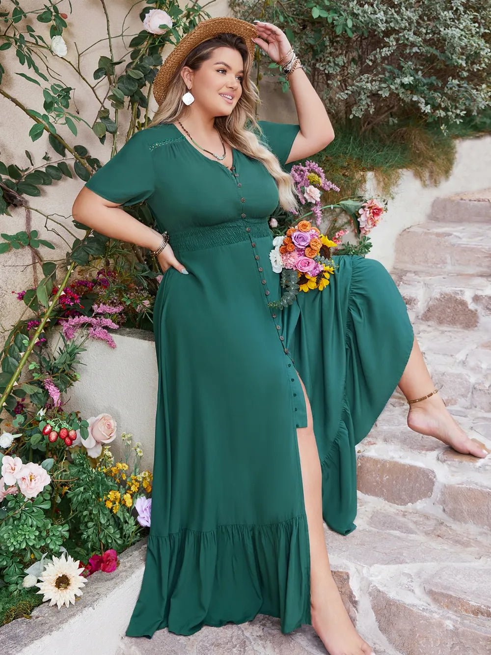 Plus Size Button Detail V - Neck Short Sleeve Maxi Dress - MAD RUFFI