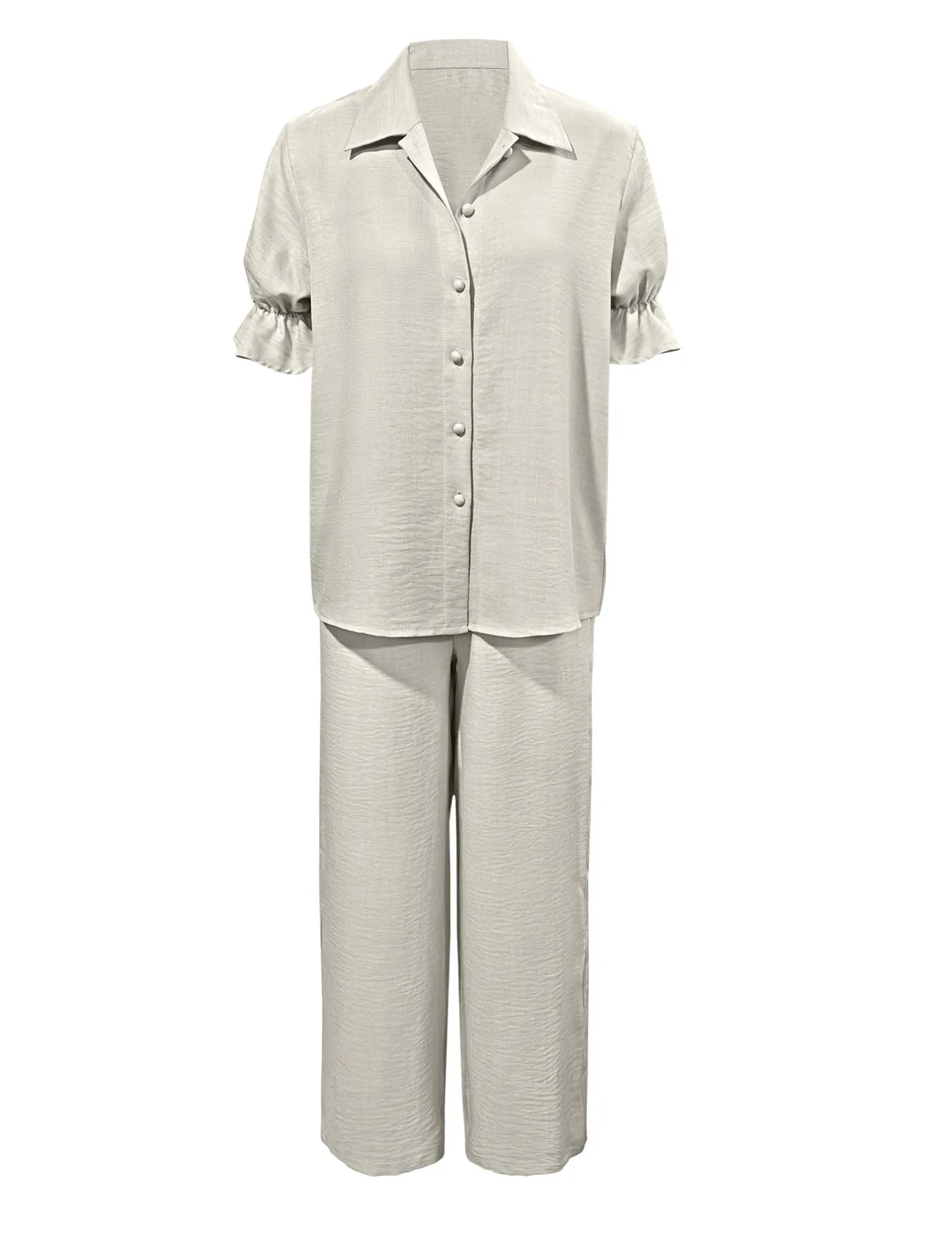 Plus Size Button - Down Shirt and Wide - Leg Pants Set - MAD RUFFI