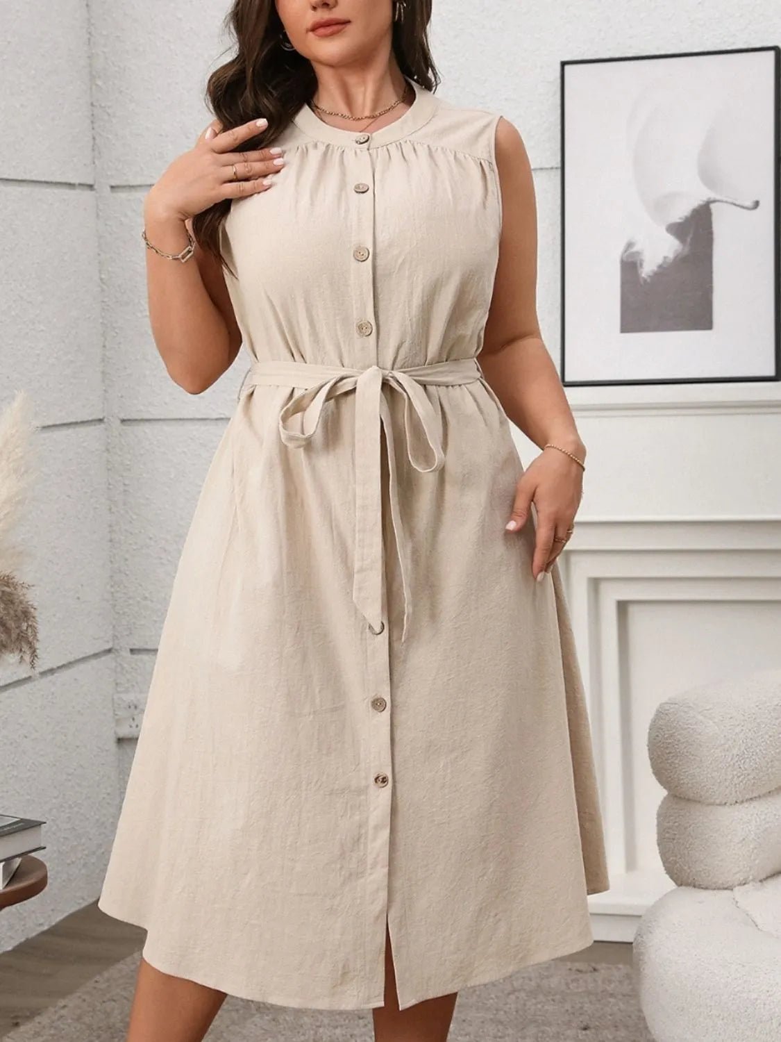 Plus Size Button Front Tie Waist Sleeveless Dress - MAD RUFFI
