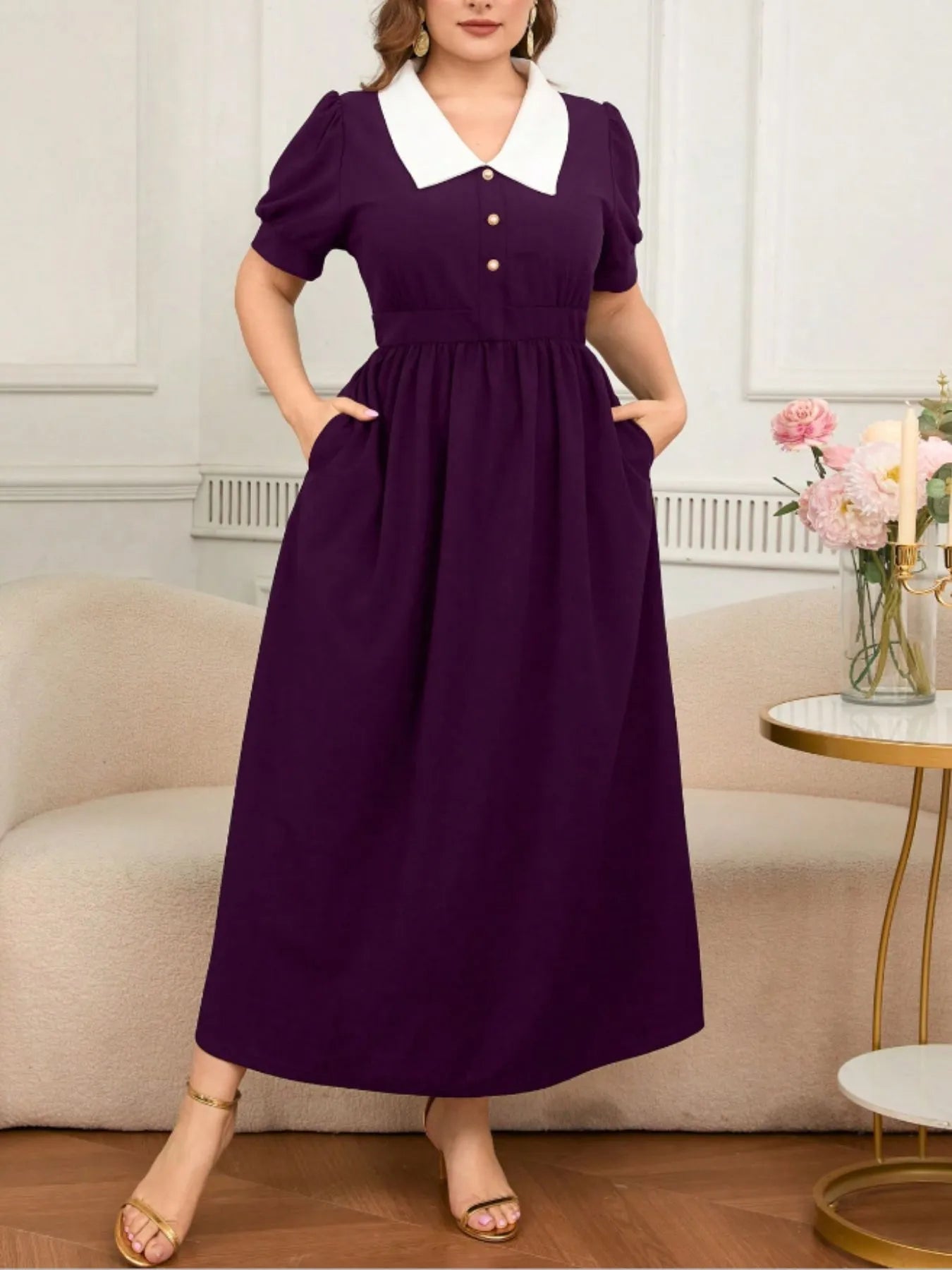 Plus Size Contrast Collar Short Sleeve Dress - MAD RUFFI