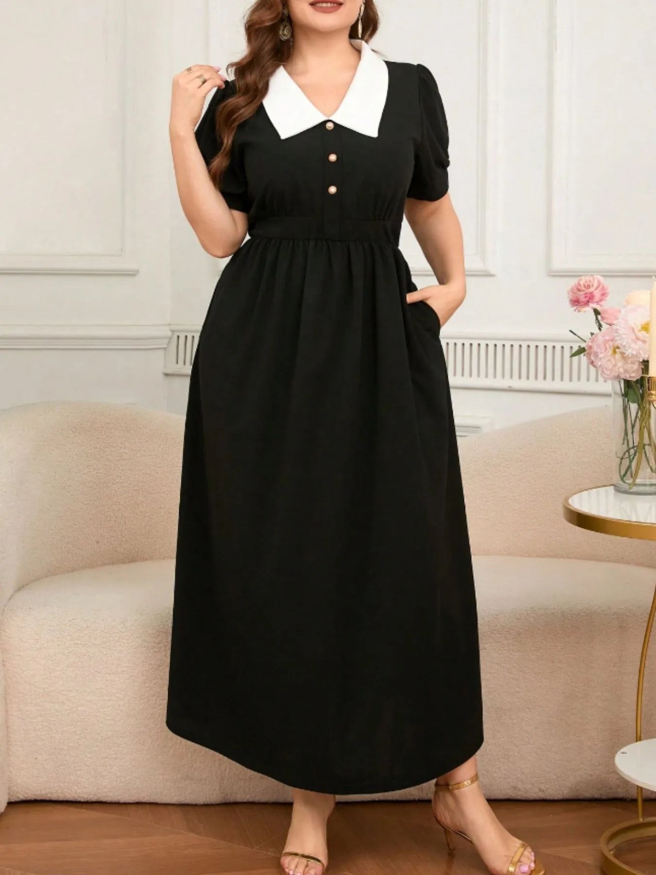 Plus Size Contrast Collar Short Sleeve Dress - MAD RUFFI