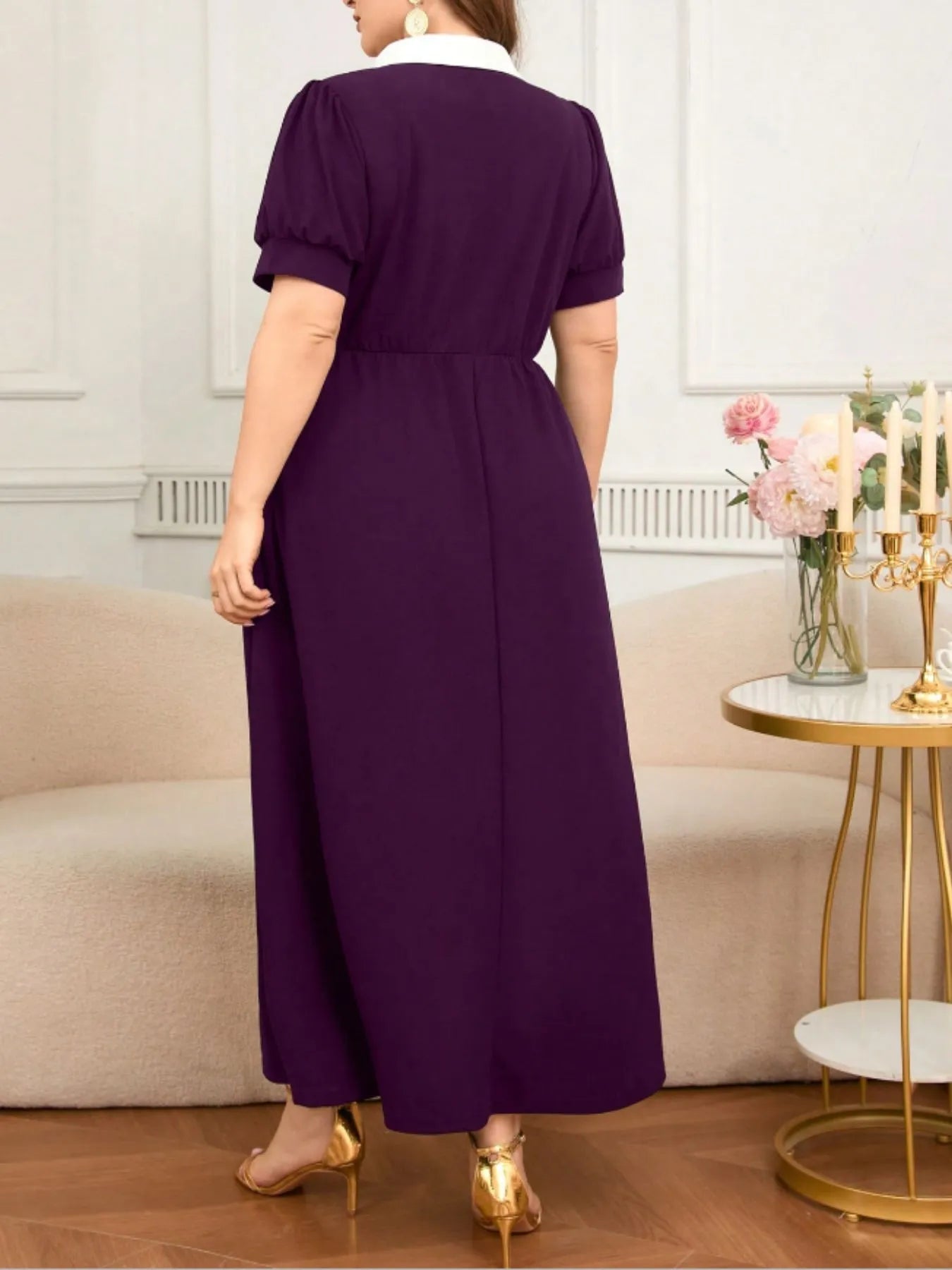 Plus Size Contrast Collar Short Sleeve Dress - MAD RUFFI